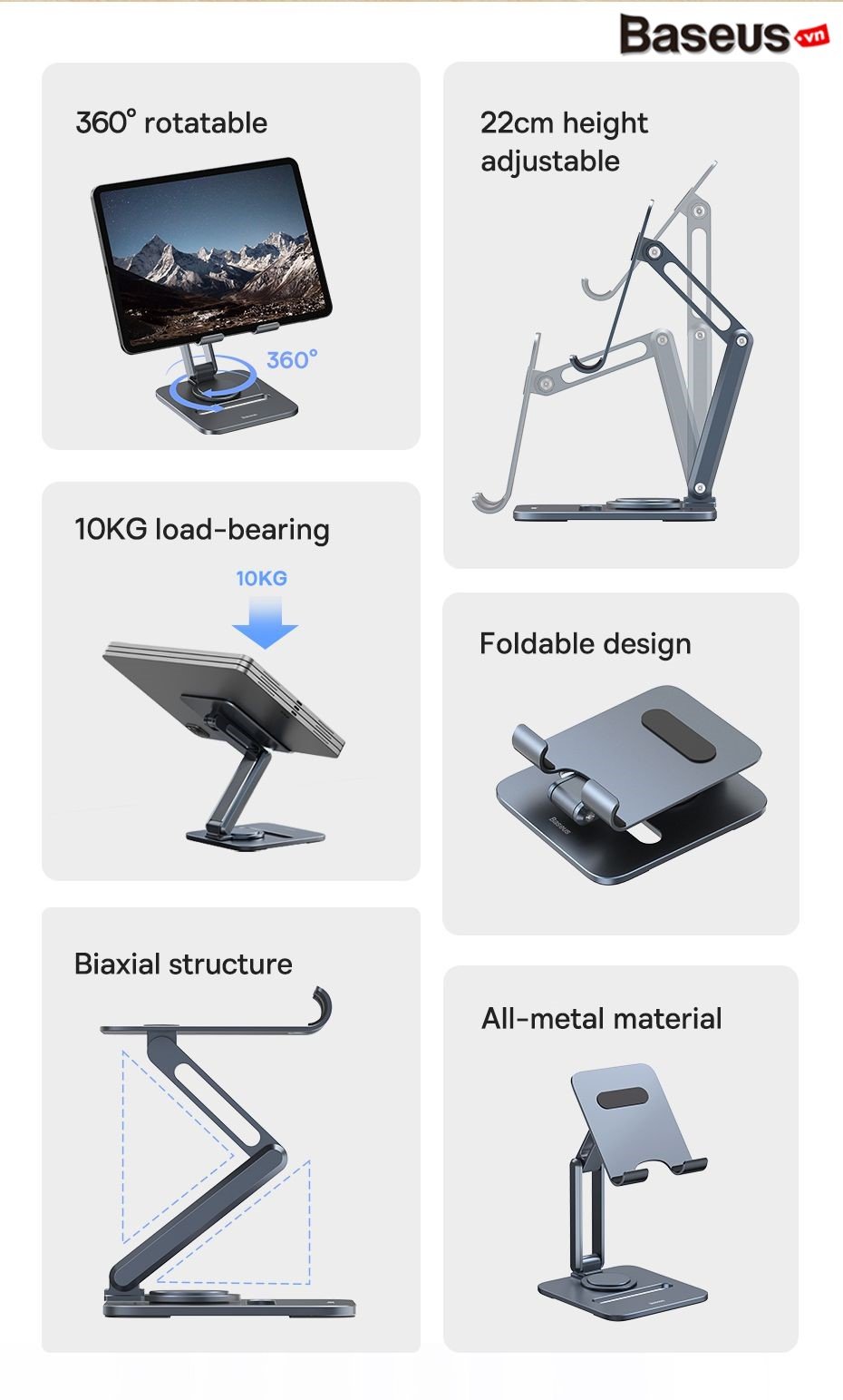Giá đỡ Tablet hiệu Baseus Desktop Biaxial Foldable Metal (Rotatable Version) - Xoay 360°, Trục Kép, Gấp Gọn, Chống Mỏi Cổ - Nâng tầm trải nghiệm tablet của bạn với giá đỡ đa năng <strong>Baseus Desktop Biaxial Foldable Metal (Rotatable Version)</strong>. Đây là giải pháp công thái học tối thượng, kết hợp thiết kế trục kép cho phép tùy chỉnh độ cao, góc nhìn và tính năng xoay 360° độc đáo để dễ dàng chia sẻ màn hình. Được chế tác từ hợp kim nhôm nguyên khối, sản phẩm đảm bảo sự vững chắc tuyệt đối cho mọi dòng tablet. Gập gọn hoàn toàn khi không sử dụng, đây là người bạn đồng hành lý tưởng cho cả bàn làm việc và những chuyến đi. Hãy đầu tư vào sự thoải mái, chuyên nghiệp và linh hoạt với <strong>Baseus Desktop Biaxial Foldable Metal (Rotatable Version)</strong>.