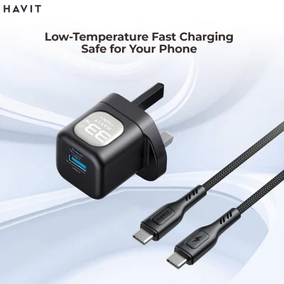 Combo Cốc - Cáp Sạc Nhanh HAVIT UC233, Sạc Nhanh PD 30W + USB-A 30W, Cáp C-C PD 60W - BH 12 Tháng - Nâng cấp toàn diện trải nghiệm sạc của bạn với combo cốc cáp sạc nhanh <strong>HAVIT UC233</strong>. Bộ sản phẩm "tất cả trong một" này bao gồm củ sạc 2 cổng mạnh mẽ (USB-C PD 30W và USB-A 30W) cùng sợi cáp Type-C to Type-C hỗ trợ công suất đến 60W. Sạc nhanh cho hai thiết bị cùng lúc, từ iPhone, Samsung cho đến cả MacBook Air. Cáp bọc dù siêu bền, chống rối và chống đứt gãy, đảm bảo tuổi thọ vượt trội. Tích hợp chip thông minh bảo vệ an toàn tuyệt đối cho thiết bị của bạn. Với chính sách bảo hành 12 tháng, <strong>HAVIT UC233</strong> là giải pháp năng lượng mạnh mẽ, tiện lợi và đáng tin cậy nhất.