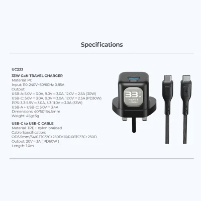 Combo Cốc - Cáp Sạc Nhanh HAVIT UC233, Sạc Nhanh PD 30W + USB-A 30W, Cáp C-C PD 60W - BH 12 Tháng - Nâng cấp toàn diện trải nghiệm sạc của bạn với combo cốc cáp sạc nhanh <strong>HAVIT UC233</strong>. Bộ sản phẩm "tất cả trong một" này bao gồm củ sạc 2 cổng mạnh mẽ (USB-C PD 30W và USB-A 30W) cùng sợi cáp Type-C to Type-C hỗ trợ công suất đến 60W. Sạc nhanh cho hai thiết bị cùng lúc, từ iPhone, Samsung cho đến cả MacBook Air. Cáp bọc dù siêu bền, chống rối và chống đứt gãy, đảm bảo tuổi thọ vượt trội. Tích hợp chip thông minh bảo vệ an toàn tuyệt đối cho thiết bị của bạn. Với chính sách bảo hành 12 tháng, <strong>HAVIT UC233</strong> là giải pháp năng lượng mạnh mẽ, tiện lợi và đáng tin cậy nhất.