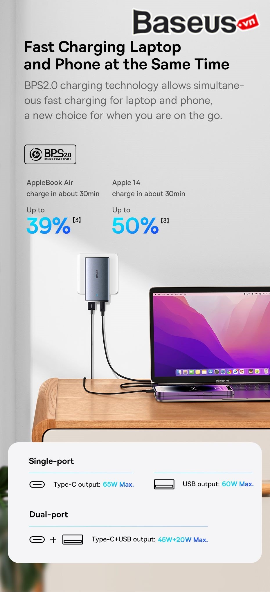 Bộ Sạc Nhanh Baseus GaN5 Pro Ultra-Slim C+U 65W - Siêu Mỏng, Sạc Laptop MacBook, Kèm Cáp 100W và Phích Cắm Du Lịch - Định nghĩa lại sự di động với bộ sạc <strong>Baseus GaN5 Pro Ultra-Slim C+U 65W</strong>. Nhờ công nghệ GaN5 Pro tiên tiến, củ sạc sở hữu thiết kế siêu mỏng chỉ 16mm, dễ dàng cắm sau đồ nội thất hoặc cất gọn trong túi. Với tổng công suất 65W mạnh mẽ, sản phẩm có thể sạc nhanh cho cả laptop, MacBook, máy tính bảng và điện thoại qua 2 cổng Type-C và USB-A. Phiên bản quốc tế đi kèm 3 phích cắm (EU, UK, US) và cáp sạc 100W, biến nó thành giải pháp năng lượng toàn diện cho mọi chuyến đi. Công nghệ BPS II phân bổ dòng điện thông minh, đảm bảo sạc nhanh và an toàn cho 2 thiết bị cùng lúc. Hãy chọn <strong>Baseus GaN5 Pro Ultra-Slim C+U 65W</strong> để trải nghiệm sự kết hợp hoàn hảo giữa thiết kế, tốc độ và sự tiện lợi.