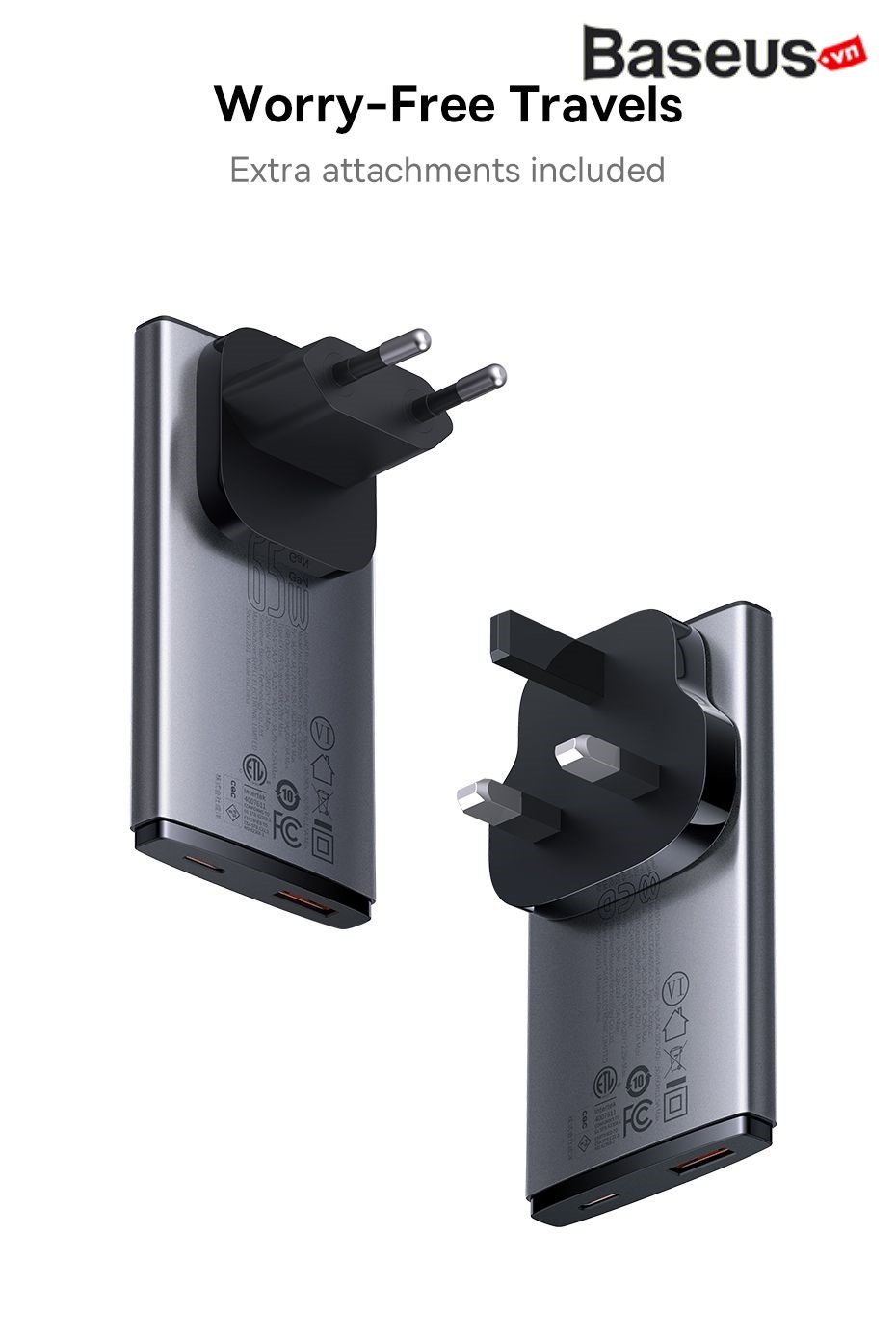 Bộ Sạc Nhanh Baseus GaN5 Pro Ultra-Slim C+U 65W - Siêu Mỏng, Sạc Laptop MacBook, Kèm Cáp 100W và Phích Cắm Du Lịch - Định nghĩa lại sự di động với bộ sạc <strong>Baseus GaN5 Pro Ultra-Slim C+U 65W</strong>. Nhờ công nghệ GaN5 Pro tiên tiến, củ sạc sở hữu thiết kế siêu mỏng chỉ 16mm, dễ dàng cắm sau đồ nội thất hoặc cất gọn trong túi. Với tổng công suất 65W mạnh mẽ, sản phẩm có thể sạc nhanh cho cả laptop, MacBook, máy tính bảng và điện thoại qua 2 cổng Type-C và USB-A. Phiên bản quốc tế đi kèm 3 phích cắm (EU, UK, US) và cáp sạc 100W, biến nó thành giải pháp năng lượng toàn diện cho mọi chuyến đi. Công nghệ BPS II phân bổ dòng điện thông minh, đảm bảo sạc nhanh và an toàn cho 2 thiết bị cùng lúc. Hãy chọn <strong>Baseus GaN5 Pro Ultra-Slim C+U 65W</strong> để trải nghiệm sự kết hợp hoàn hảo giữa thiết kế, tốc độ và sự tiện lợi.