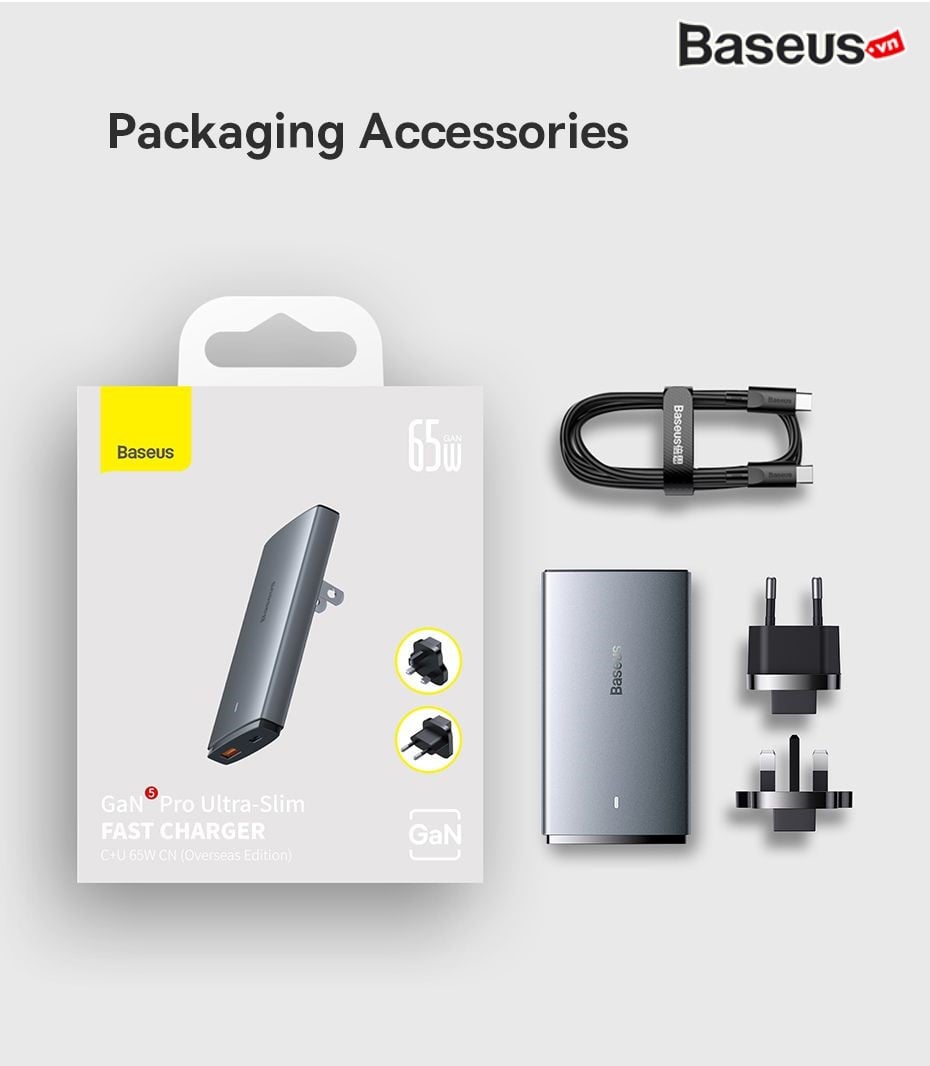 Bộ Sạc Nhanh Baseus GaN5 Pro Ultra-Slim C+U 65W - Siêu Mỏng, Sạc Laptop MacBook, Kèm Cáp 100W và Phích Cắm Du Lịch - Định nghĩa lại sự di động với bộ sạc <strong>Baseus GaN5 Pro Ultra-Slim C+U 65W</strong>. Nhờ công nghệ GaN5 Pro tiên tiến, củ sạc sở hữu thiết kế siêu mỏng chỉ 16mm, dễ dàng cắm sau đồ nội thất hoặc cất gọn trong túi. Với tổng công suất 65W mạnh mẽ, sản phẩm có thể sạc nhanh cho cả laptop, MacBook, máy tính bảng và điện thoại qua 2 cổng Type-C và USB-A. Phiên bản quốc tế đi kèm 3 phích cắm (EU, UK, US) và cáp sạc 100W, biến nó thành giải pháp năng lượng toàn diện cho mọi chuyến đi. Công nghệ BPS II phân bổ dòng điện thông minh, đảm bảo sạc nhanh và an toàn cho 2 thiết bị cùng lúc. Hãy chọn <strong>Baseus GaN5 Pro Ultra-Slim C+U 65W</strong> để trải nghiệm sự kết hợp hoàn hảo giữa thiết kế, tốc độ và sự tiện lợi.