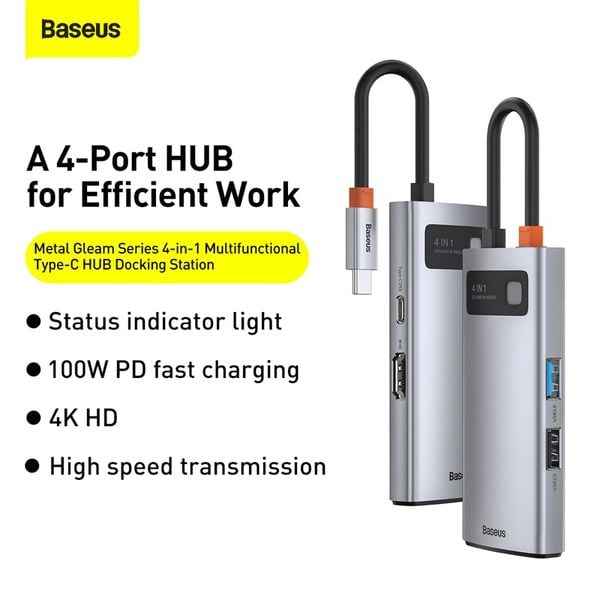 Cổng chuyển đổi Baseus Metal Gleam Hub Type C 4-IN-1 - Mở khóa toàn bộ tiềm năng kết nối của MacBook, laptop với Hub chuyển đổi <strong>Baseus Metal Gleam Hub Type C 4-IN-1</strong>. Với thiết kế vỏ nhôm sang trọng và siêu nhỏ gọn, sản phẩm biến một cổng Type-C duy nhất thành 4 cổng mạnh mẽ: 3 cổng USB 3.0 tốc độ cao 5Gbps và 1 cổng sạc nhanh Power Delivery (PD) 100W. Giờ đây, bạn có thể vừa sạc laptop với công suất tối đa, vừa kết nối cùng lúc chuột, bàn phím, ổ cứng, USB và nhiều thiết bị ngoại vi khác. Tốc độ truyền dữ liệu siêu nhanh giúp sao chép file dung lượng lớn chỉ trong vài giây. <strong>Baseus Metal Gleam Hub Type C 4-IN-1</strong> là giải pháp hoàn hảo để tối ưu hóa không gian làm việc, nâng cao hiệu suất và mang lại sự tiện lợi tối đa.