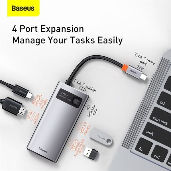 Cổng chuyển đổi Baseus Metal Gleam Hub Type C 4-IN-1 - Mở khóa toàn bộ tiềm năng kết nối của MacBook, laptop với Hub chuyển đổi <strong>Baseus Metal Gleam Hub Type C 4-IN-1</strong>. Với thiết kế vỏ nhôm sang trọng và siêu nhỏ gọn, sản phẩm biến một cổng Type-C duy nhất thành 4 cổng mạnh mẽ: 3 cổng USB 3.0 tốc độ cao 5Gbps và 1 cổng sạc nhanh Power Delivery (PD) 100W. Giờ đây, bạn có thể vừa sạc laptop với công suất tối đa, vừa kết nối cùng lúc chuột, bàn phím, ổ cứng, USB và nhiều thiết bị ngoại vi khác. Tốc độ truyền dữ liệu siêu nhanh giúp sao chép file dung lượng lớn chỉ trong vài giây. <strong>Baseus Metal Gleam Hub Type C 4-IN-1</strong> là giải pháp hoàn hảo để tối ưu hóa không gian làm việc, nâng cao hiệu suất và mang lại sự tiện lợi tối đa.