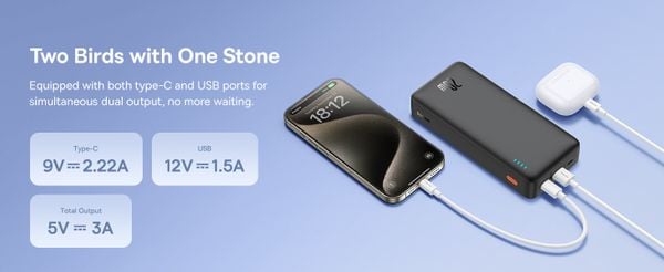 Sạc dự phòng hiệu Baseus Airpow Fast Charge 20000mAh 20W - Nói lời tạm biệt với nỗi lo hết pin cùng sạc dự phòng <strong>Baseus Airpow</strong> 20000mAh 20W. Với dung lượng cực lớn 20000mAh, sản phẩm cung cấp năng lượng dồi dào cho nhiều ngày sử dụng, có thể sạc đầy iPhone 14 khoảng 4 lần. Công nghệ sạc nhanh Power Delivery (PD) 20W chuyên dụng cho iPhone, giúp nạp 50% pin chỉ trong 30 phút. Pin dự phòng được trang bị 3 cổng sạc ra (2 USB-A, 1 USB-C), cho phép bạn nạp năng lượng cho 3 thiết bị cùng lúc. Màn hình LED trực quan hiển thị chính xác phần trăm pin còn lại. Tích hợp chip bảo vệ thông minh đa tầng, <strong>Baseus Airpow</strong> là nguồn năng lượng di động mạnh mẽ, an toàn và đáng tin cậy cho mọi hành trình của bạn.