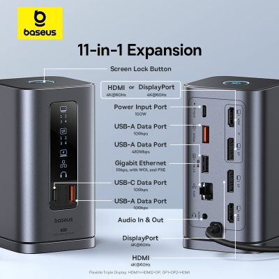 Thiết bị mở rộng hiệu Baseus Spacemate Series 11-in-1 (WIN) - Biến chiếc laptop Windows của bạn thành một trạm làm việc đa năng tối thượng với <strong>Baseus Spacemate Series 11-in-1</strong>. Đây là giải pháp kết nối toàn diện, mở rộng một cổng Type-C thành 11 cổng chức năng mạnh mẽ: 2 cổng HDMI 4K xuất 2 màn hình mở rộng độc lập, 3 cổng USB 3.2 Gen 2 truyền dữ liệu 10Gbps siêu tốc, mạng LAN Gigabit, đầu đọc thẻ SD/TF, jack 3.5mm và sạc PD 100W. Với thiết kế đứng dọc độc đáo, sản phẩm giúp tiết kiệm không gian bàn làm việc và tản nhiệt hiệu quả. Hãy giải phóng tiềm năng của laptop và tối ưu hóa không gian làm việc của bạn với <strong>Baseus Spacemate Series 11-in-1</strong>.