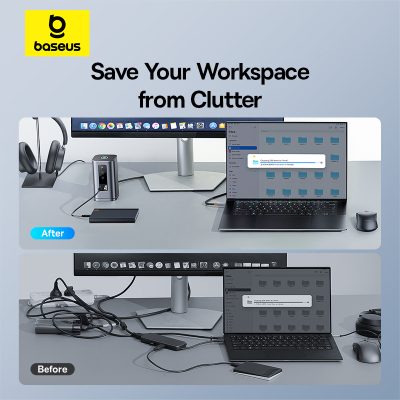Thiết bị mở rộng hiệu Baseus Spacemate Series 11-in-1 (WIN) - Biến chiếc laptop Windows của bạn thành một trạm làm việc đa năng tối thượng với <strong>Baseus Spacemate Series 11-in-1</strong>. Đây là giải pháp kết nối toàn diện, mở rộng một cổng Type-C thành 11 cổng chức năng mạnh mẽ: 2 cổng HDMI 4K xuất 2 màn hình mở rộng độc lập, 3 cổng USB 3.2 Gen 2 truyền dữ liệu 10Gbps siêu tốc, mạng LAN Gigabit, đầu đọc thẻ SD/TF, jack 3.5mm và sạc PD 100W. Với thiết kế đứng dọc độc đáo, sản phẩm giúp tiết kiệm không gian bàn làm việc và tản nhiệt hiệu quả. Hãy giải phóng tiềm năng của laptop và tối ưu hóa không gian làm việc của bạn với <strong>Baseus Spacemate Series 11-in-1</strong>.
