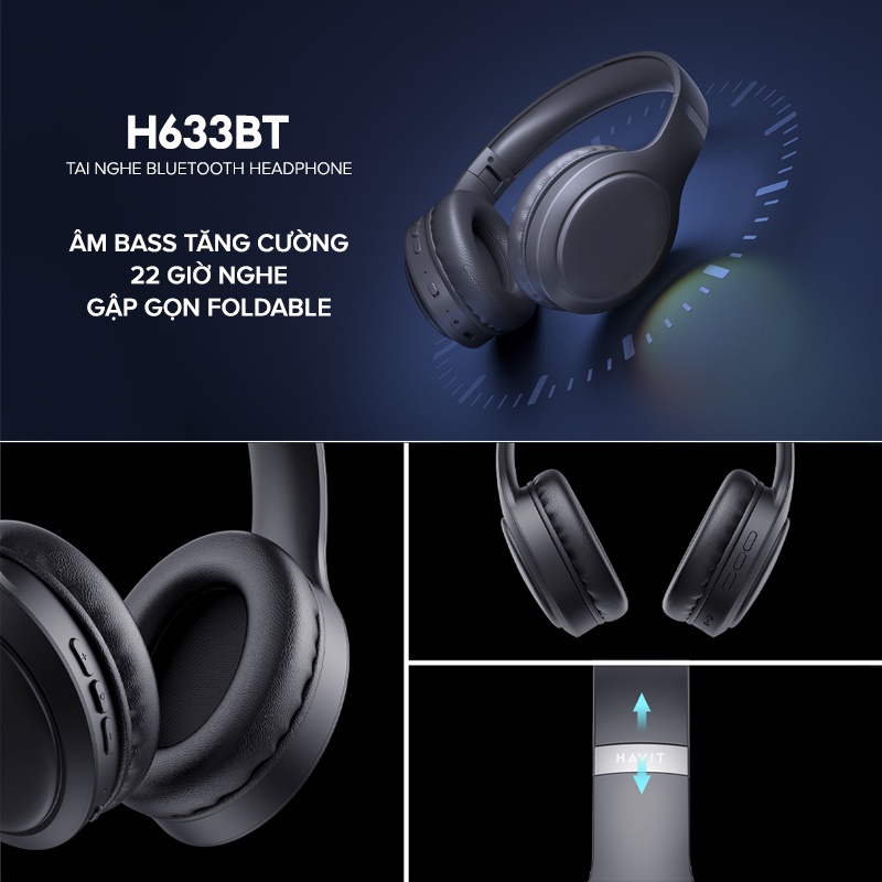 Tai Nghe Headphone HAVIT H633BT, Bluetooth 5.1 Công Thái Học, Nghe Đến 22H - Hàng Chính Hãng - Đắm chìm trong không gian âm nhạc của riêng bạn với tai nghe chụp tai <strong>HAVIT H633BT</strong>. Nổi bật với thiết kế công thái học siêu nhẹ và đệm tai mềm mại, sản phẩm mang lại cảm giác đeo thoải mái suốt cả ngày dài. Tận hưởng âm nhạc không giới hạn với thời lượng pin ấn tượng lên đến 22 giờ chỉ với một lần sạc. Chất âm sống động với âm bass mạnh mẽ, nội lực, phù hợp với mọi thể loại nhạc. Kết nối Bluetooth 5.1 ổn định, thiết kế gập gọn tiện lợi và micro đàm thoại tích hợp biến <strong>HAVIT H633BT</strong> trở thành người bạn đồng hành lý tưởng cho công việc, học tập và những chuyến đi.