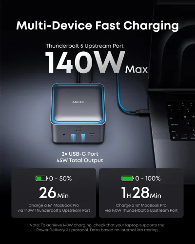 Trạm Chuyển Đổi Anker Prime Thunderbolt 5 Docking Station 14in1 - Kết Nối Tối Thượng, 8K Sắc Nét, Sạc 140W - Khai phóng tiềm năng tối đa cho không gian làm việc chuyên nghiệp của bạn với <strong>Anker Prime Thunderbolt 5 Docking Station 14in1</strong>. Đây là trung tâm kết nối tối thượng, được thiết kế cho các chuyên gia sáng tạo và power user. Với công nghệ Thunderbolt 5 đột phá, trạm chuyển đổi này cung cấp băng thông 80Gbps, hỗ trợ xuất hình ảnh ra nhiều màn hình 8K và sạc nhanh 140W cho laptop của bạn, tất cả chỉ qua một sợi cáp duy nhất. Với 14 cổng kết nối đa dạng từ Thunderbolt 5, USB-C, USB-A, DisplayPort, Ethernet 2.5G đến khe cắm thẻ nhớ, đây là giải pháp toàn diện để loại bỏ mọi giới hạn, dọn dẹp bàn làm việc và nâng cao hiệu suất công việc lên một tầm cao mới.