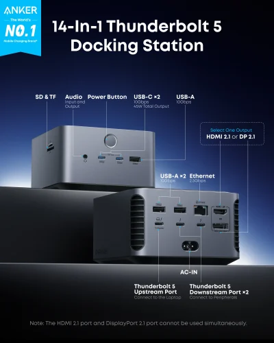 Trạm Chuyển Đổi Anker Prime Thunderbolt 5 Docking Station 14in1 - Kết Nối Tối Thượng, 8K Sắc Nét, Sạc 140W - Khai phóng tiềm năng tối đa cho không gian làm việc chuyên nghiệp của bạn với <strong>Anker Prime Thunderbolt 5 Docking Station 14in1</strong>. Đây là trung tâm kết nối tối thượng, được thiết kế cho các chuyên gia sáng tạo và power user. Với công nghệ Thunderbolt 5 đột phá, trạm chuyển đổi này cung cấp băng thông 80Gbps, hỗ trợ xuất hình ảnh ra nhiều màn hình 8K và sạc nhanh 140W cho laptop của bạn, tất cả chỉ qua một sợi cáp duy nhất. Với 14 cổng kết nối đa dạng từ Thunderbolt 5, USB-C, USB-A, DisplayPort, Ethernet 2.5G đến khe cắm thẻ nhớ, đây là giải pháp toàn diện để loại bỏ mọi giới hạn, dọn dẹp bàn làm việc và nâng cao hiệu suất công việc lên một tầm cao mới.