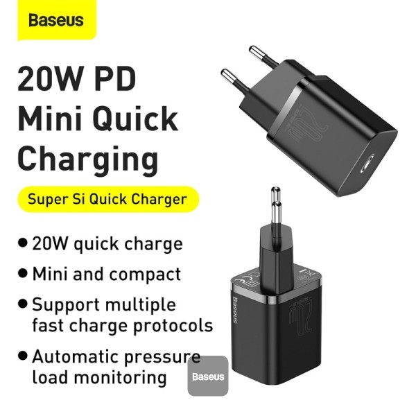 Baseus Super Si Quick Charger 1C 20W EU Sets Black (With Baseus Simple Wisdom Data Cable Type