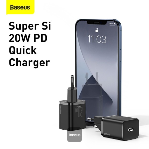 Baseus Super Si Quick Charger 1C 20W EU Sets Black (With Baseus Simple Wisdom Data Cable Type