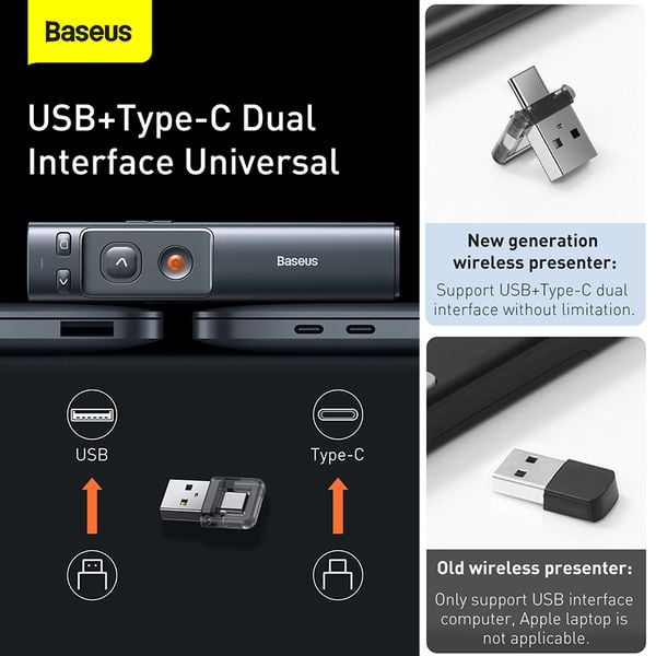 Bút Trình Chiếu Baseus Orange Dot Wireless Presenter (Red Laser) - Nâng tầm chuyên nghiệp cho mọi bài thuyết trình với bút trình chiếu <strong>Baseus Orange Dot Wireless Presenter (Red Laser)</strong>. Được thiết kế tối giản và tinh tế, sản phẩm cho phép bạn điều khiển slide một cách mượt mà từ khoảng cách lên đến 100m. Tia laser màu đỏ rõ nét giúp bạn dễ dàng thu hút và định hướng sự chú ý của khán giả vào những điểm quan trọng. Điểm độc đáo nhất là đầu thu 2 trong 1, tích hợp cả cổng USB-A và Type-C, tương thích với mọi loại laptop từ cũ đến mới nhất mà không cần adapter. Với thiết kế cắm là chạy, <strong>Baseus Orange Dot Wireless Presenter (Red Laser)</strong> là công cụ không thể thiếu cho các giảng viên, doanh nhân và bất kỳ ai muốn làm chủ không gian và truyền tải thông điệp một cách tự tin, ấn tượng.