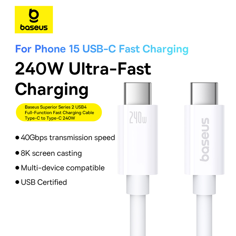 Cáp sạc nhanh hiệu Baseus Superior 2 USB4 Full-Function USB-C to USB-C 240W - Trải nghiệm đỉnh cao của kết nối với cáp <strong>Baseus Superior 2 USB4</strong> – sợi cáp "tất cả trong một" duy nhất bạn cần. Với công nghệ USB4 tiên tiến, sản phẩm mang đến tốc độ truyền dữ liệu lên đến 40Gbps, khả năng xuất video 8K@60Hz siêu nét và công suất sạc PD 3.1 240W mạnh mẽ nhất, sẵn sàng nạp năng lượng cho cả laptop gaming. Thiết kế "Superior 2" siêu bền với lớp vỏ bện dù và đầu cắm hợp kim, đảm bảo tuổi thọ vượt trội. Dù là sạc, truyền dữ liệu hay xuất hình ảnh, <strong>Baseus Superior 2 USB4</strong> đều đáp ứng một cách hoàn hảo. Hãy đầu tư vào sợi cáp của tương lai ngay hôm nay.
