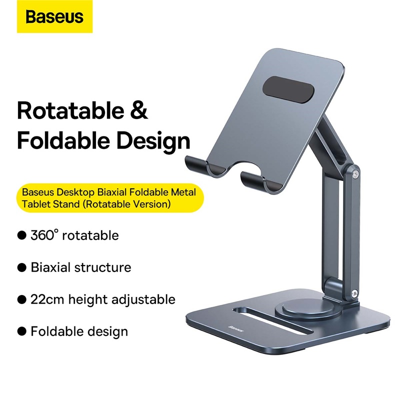 Giá đỡ Tablet hiệu Baseus Desktop Biaxial Foldable Metal (Rotatable Version) - Xoay 360°, Trục Kép, Gấp Gọn, Chống Mỏi Cổ - Nâng tầm trải nghiệm tablet của bạn với giá đỡ đa năng <strong>Baseus Desktop Biaxial Foldable Metal (Rotatable Version)</strong>. Đây là giải pháp công thái học tối thượng, kết hợp thiết kế trục kép cho phép tùy chỉnh độ cao, góc nhìn và tính năng xoay 360° độc đáo để dễ dàng chia sẻ màn hình. Được chế tác từ hợp kim nhôm nguyên khối, sản phẩm đảm bảo sự vững chắc tuyệt đối cho mọi dòng tablet. Gập gọn hoàn toàn khi không sử dụng, đây là người bạn đồng hành lý tưởng cho cả bàn làm việc và những chuyến đi. Hãy đầu tư vào sự thoải mái, chuyên nghiệp và linh hoạt với <strong>Baseus Desktop Biaxial Foldable Metal (Rotatable Version)</strong>.