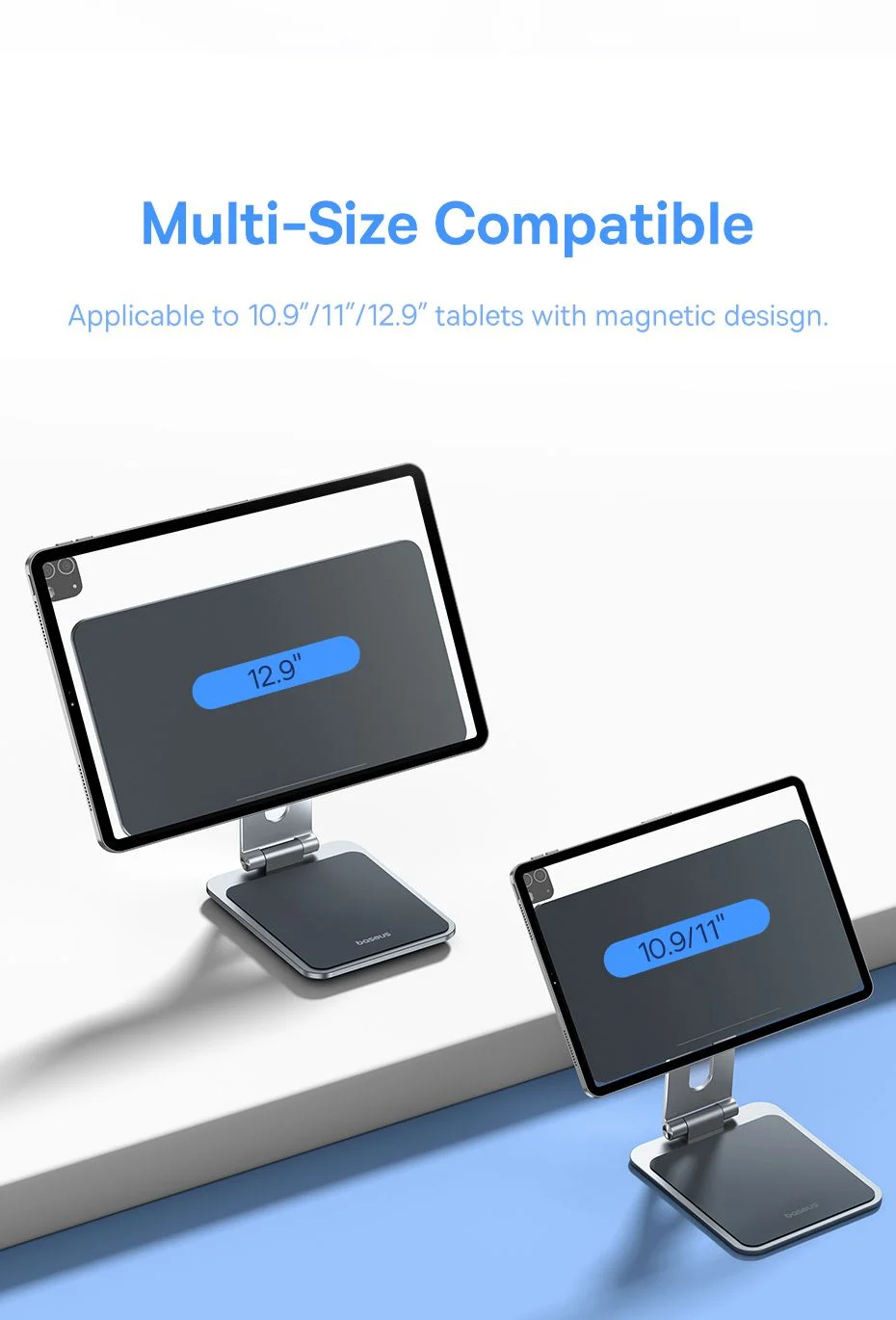 Giá đỡ Tablet hiệu Baseus MagStable Series Magnetic for Pad 12.9'' Space Grey - Nâng tầm trải nghiệm iPad của bạn lên một đẳng cấp hoàn toàn mới với giá đỡ từ tính <strong>Baseus MagStable Series Magnetic</strong>. Được thiết kế dành riêng cho iPad Pro/Air 12.9", sản phẩm biến chiếc tablet của bạn thành một màn hình desktop thanh lịch, chuyên nghiệp. Với lực hút nam châm cực mạnh, chỉ cần một chạm là iPad của bạn đã được giữ chắc chắn. Thân giá đỡ làm từ hợp kim nhôm nguyên khối, cùng khả năng xoay 360° và điều chỉnh góc nghiêng linh hoạt, mang đến tư thế làm việc công thái học hoàn hảo, chống mỏi cổ vai gáy. Hãy giải phóng tiềm năng của iPad và tạo ra một không gian làm việc tối giản, hiện đại với <strong>Baseus MagStable Series Magnetic</strong>.