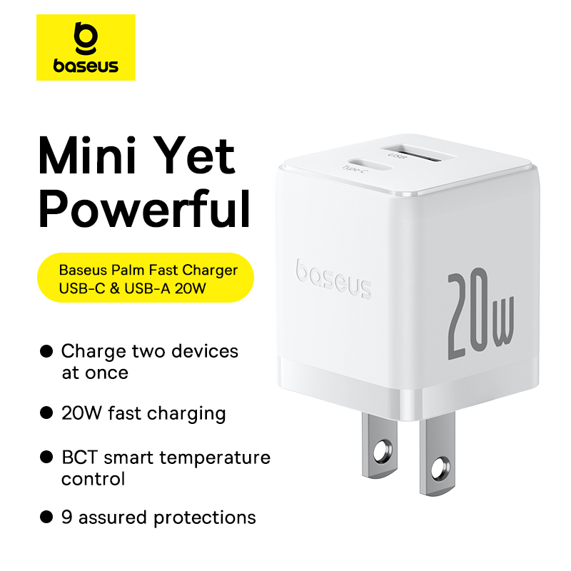 Sạc nhanh hiệu Baseus Palm C+U 20W US - Bạn đã mệt mỏi với việc mang theo nhiều củ sạc cho các thiết bị khác nhau? <strong>Baseus Palm C+U 20W US</strong> chính là giải pháp năng lượng tối giản và hiệu quả. Với kích thước siêu nhỏ gọn chỉ nằm trong lòng bàn tay, củ sạc này cung cấp 2 cổng sạc tiện lợi: USB-C (PD 20W) cho iPhone và USB-A (QC 18W) cho các thiết bị Android. Sạc đầy 60% pin cho iPhone chỉ trong 30 phút. Khả năng sạc đồng thời 2 thiết bị giúp bạn tiết kiệm thời gian và không gian ổ cắm. An toàn, mạnh mẽ và siêu di động, <strong>Baseus Palm C+U 20W US</strong> là người bạn đồng hành không thể thiếu cho cuộc sống số của bạn.