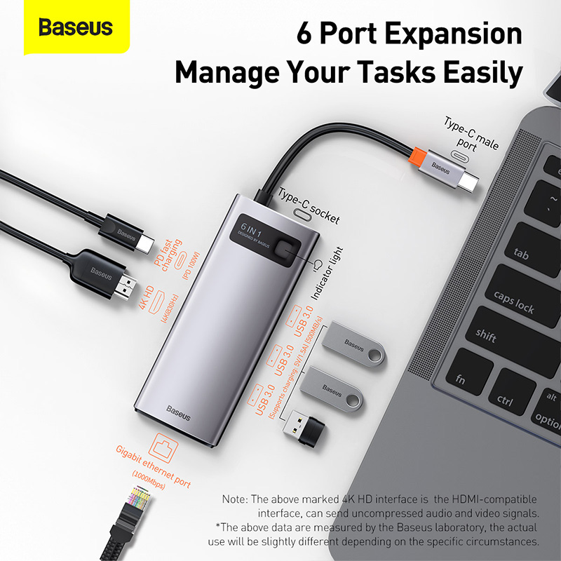 Thiết bị mở rộng hiệu Baseus Metal Gleam Series 6-in-1 Multifunctional Type-C HUB Docking Station - Giải pháp kết nối tinh gọn và mạnh mẽ cho chiếc laptop của bạn - hub chuyển đổi <strong>Baseus Metal Gleam Series 6-in-1</strong>. Với thiết kế vỏ nhôm nguyên khối sang trọng, sản phẩm mở rộng một cổng Type-C thành 6 cổng chức năng quan trọng nhất: HDMI 4K cho hình ảnh sắc nét, 3 cổng USB 3.0 truyền dữ liệu tốc độ 5Gbps, cổng mạng LAN Gigabit cho kết nối internet siêu ổn định và cổng sạc nhanh PD 100W. Đây là lựa chọn lý tưởng để tối ưu hóa không gian làm việc, giúp bạn kết nối đa nhiệm một cách liền mạch và hiệu quả. Nâng cấp trải nghiệm của bạn ngay hôm nay với <strong>Baseus Metal Gleam Series 6-in-1</strong>.