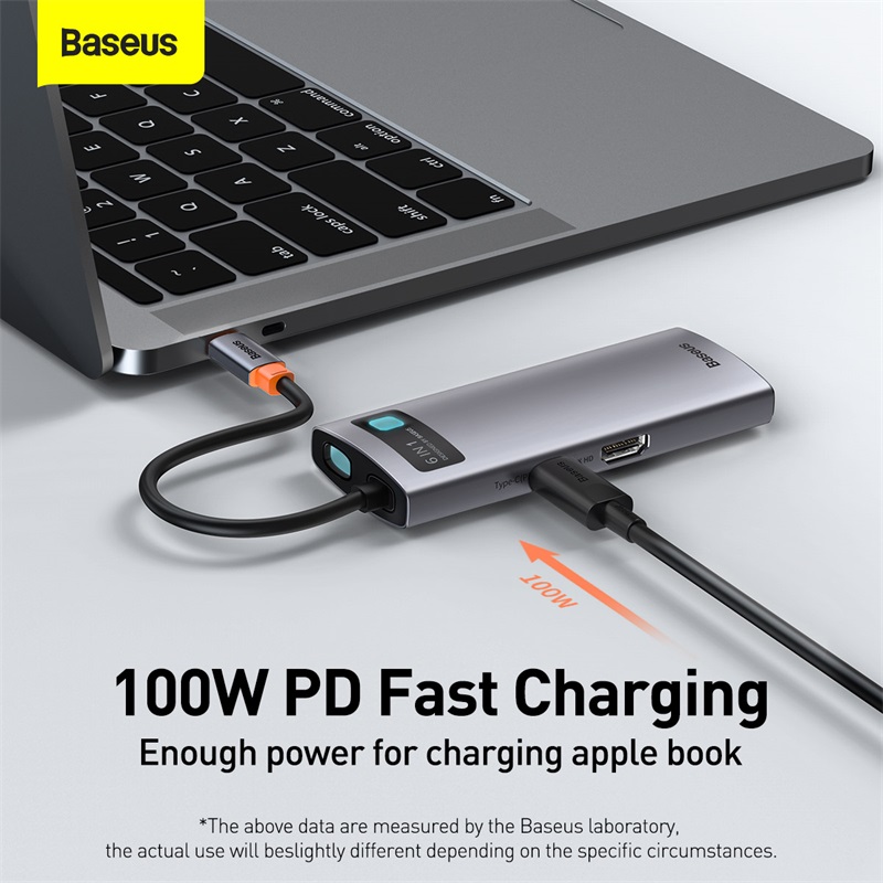 Thiết bị mở rộng hiệu Baseus Metal Gleam Series 6-in-1 Multifunctional Type-C HUB Docking Station - Giải pháp kết nối tinh gọn và mạnh mẽ cho chiếc laptop của bạn - hub chuyển đổi <strong>Baseus Metal Gleam Series 6-in-1</strong>. Với thiết kế vỏ nhôm nguyên khối sang trọng, sản phẩm mở rộng một cổng Type-C thành 6 cổng chức năng quan trọng nhất: HDMI 4K cho hình ảnh sắc nét, 3 cổng USB 3.0 truyền dữ liệu tốc độ 5Gbps, cổng mạng LAN Gigabit cho kết nối internet siêu ổn định và cổng sạc nhanh PD 100W. Đây là lựa chọn lý tưởng để tối ưu hóa không gian làm việc, giúp bạn kết nối đa nhiệm một cách liền mạch và hiệu quả. Nâng cấp trải nghiệm của bạn ngay hôm nay với <strong>Baseus Metal Gleam Series 6-in-1</strong>.