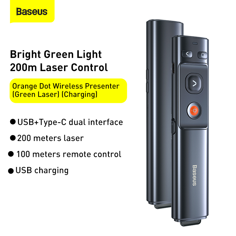 Bút Trình Chiếu Baseus Orange Dot Wireless Presenter (Green Laser) - Định nghĩa lại sự chuyên nghiệp với bút trình chiếu cao cấp <strong>Baseus Orange Dot Wireless Presenter (Green Laser)</strong>. Đây là công cụ tối thượng cho mọi diễn giả, nổi bật với tia laser xanh mạnh mẽ, sáng hơn gấp nhiều lần so với laser đỏ, hiển thị rõ nét trên mọi màn hình LCD/LED, ngay cả trong phòng họp sáng đèn. Kế thừa thiết kế Red Dot từng đoạt giải, sản phẩm mang đến vẻ ngoài sang trọng và trải nghiệm điều khiển hoàn hảo trong phạm vi 100m. Pin sạc Type-C cho thời gian sử dụng đến 90 ngày và đầu nhận USB hít nam châm thông minh. Hãy tự tin làm chủ mọi sân khấu và thu hút mọi ánh nhìn với <strong>Baseus Orange Dot Wireless Presenter (Green Laser)</strong>.