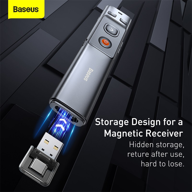 Bút Trình Chiếu Baseus Orange Dot Wireless Presenter (Green Laser) - Định nghĩa lại sự chuyên nghiệp với bút trình chiếu cao cấp <strong>Baseus Orange Dot Wireless Presenter (Green Laser)</strong>. Đây là công cụ tối thượng cho mọi diễn giả, nổi bật với tia laser xanh mạnh mẽ, sáng hơn gấp nhiều lần so với laser đỏ, hiển thị rõ nét trên mọi màn hình LCD/LED, ngay cả trong phòng họp sáng đèn. Kế thừa thiết kế Red Dot từng đoạt giải, sản phẩm mang đến vẻ ngoài sang trọng và trải nghiệm điều khiển hoàn hảo trong phạm vi 100m. Pin sạc Type-C cho thời gian sử dụng đến 90 ngày và đầu nhận USB hít nam châm thông minh. Hãy tự tin làm chủ mọi sân khấu và thu hút mọi ánh nhìn với <strong>Baseus Orange Dot Wireless Presenter (Green Laser)</strong>.