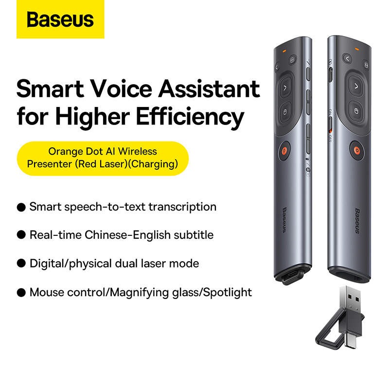 Bút trình chiếu hiệu Baseus Orange Dot AI Wireless Presenter (Red Laser)(Charging) - Nâng tầm đẳng cấp và sự chuyên nghiệp cho mọi bài thuyết trình của bạn với bút trình chiếu <strong>Baseus Orange Dot AI Wireless Presenter (Red Laser)</strong>. Sản phẩm từng đoạt giải thưởng thiết kế Red Dot danh giá, với kiểu dáng tối giản, sang trọng và nút bấm màu cam đặc trưng. Không chỉ là một chiếc bút lật trang thông thường, nó còn được trang bị các tính năng AI thông minh như mở siêu liên kết, điều khiển âm lượng. Tia laser đỏ sắc nét, khoảng cách điều khiển không dây lên đến 50m và pin sạc Type-C tiện lợi cho thời gian sử dụng đến 90 ngày. Đầu nhận USB được cất giữ bằng nam châm ngay trong thân bút, loại bỏ hoàn toàn nỗi lo thất lạc. Hãy làm chủ mọi sân khấu với <strong>Baseus Orange Dot AI Wireless Presenter (Red Laser)</strong>.