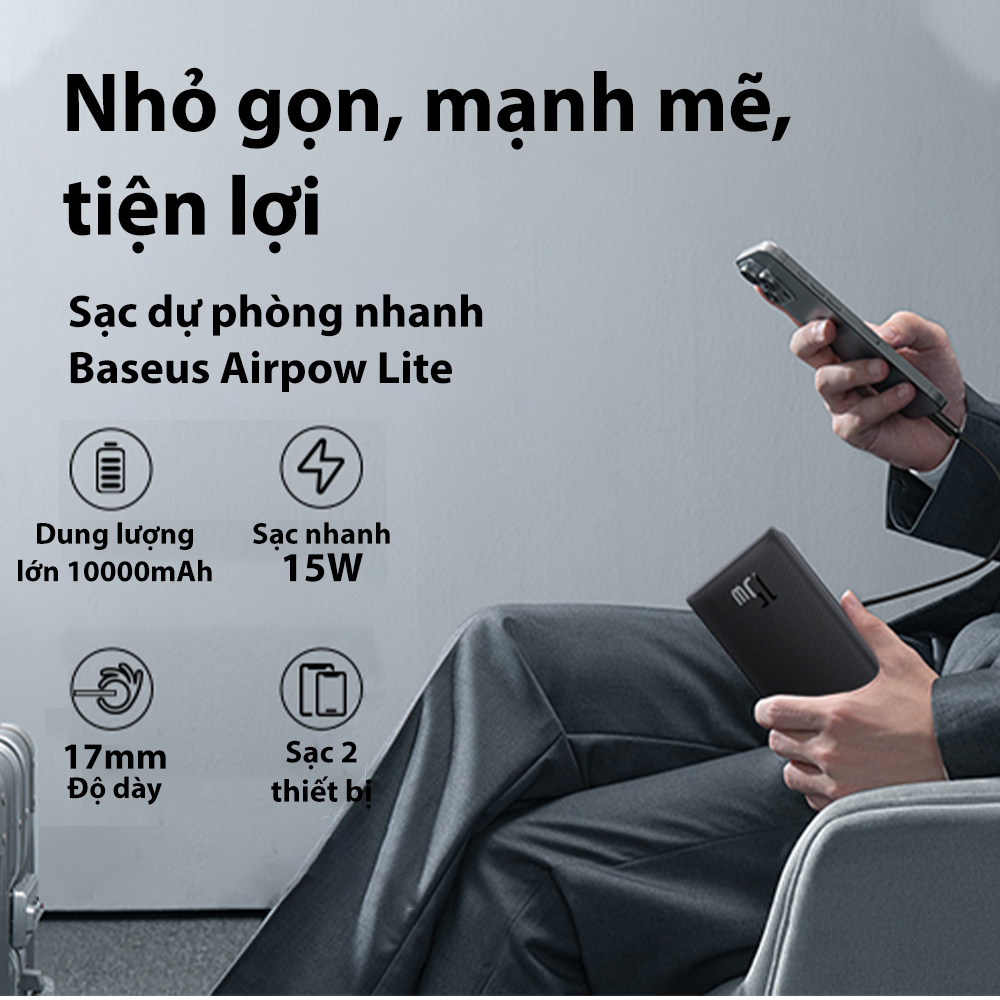 Sạc Dự Phòng Baseus Airpow Lite Power Bank 10000mAh 15W - Luôn kết nối và tràn đầy năng lượng với sạc dự phòng <strong>Baseus Airpow Lite Power Bank 10000mAh 15W</strong>. Với thiết kế siêu nhỏ gọn và trọng lượng nhẹ, sản phẩm dễ dàng nằm gọn trong túi xách hay balo của bạn. Dung lượng 10000mAh cung cấp đủ năng lượng cho 2-3 lần sạc đầy một chiếc smartphone thông thường, là cứu cánh hoàn hảo cho những ngày dài bận rộn. Công suất 15W đảm bảo dòng sạc ổn định và an toàn cho mọi thiết bị. Pin dự phòng được trang bị 2 cổng ra (USB-A & USB-C), cho phép bạn sạc cùng lúc 2 thiết bị tiện lợi. Tích hợp chip thông minh bảo vệ đa tầng, <strong>Baseus Airpow Lite Power Bank 10000mAh 15W</strong> là người bạn đồng hành đáng tin cậy cho mọi hành trình.