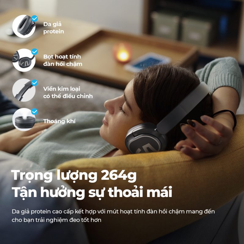 Tai nghe Bluetooth chụp tai SoundPEATS A8, Driver 40mm, Pin 70H, IPX4, Bluetooth 5.3, ANC -43dB, Game Mode 65ms - Tai nghe <strong>SoundPEATS A8</strong> thiết kế chụp tai, driver 40mm, âm thanh sống động với codec AAC/SBC. Pin 70H (tắt ANC), sạc USB-C, sạc nhanh 10 phút cho 12H. IPX4 chống nước, 4 mic ENC, Bluetooth 5.3, độ trễ 65ms (Game Mode). Chống ồn chủ động Hybrid ANC -43dB. App SoundPEATS tùy chỉnh EQ. Bảo hành 12 tháng, lý tưởng nghe nhạc, chơi game, đàm thoại.