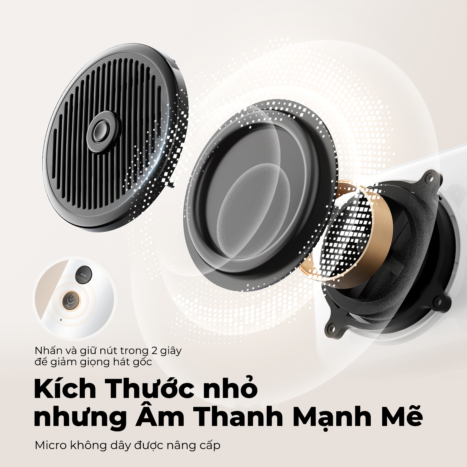 Loa Karaoke di động SoundPEATS Hi Singing, Kèm Micro không dây, Bluetooth 5.1, Pin 5H, LED đa sắc, 4 chế độ giọng hát - Loa Karaoke di động <strong>SoundPEATS Hi Singing</strong> thiết kế nhỏ gọn, màng loa 49.8x21mm, âm thanh sống động. Pin 1800mAh (loa) và 500mAh (mic), dùng 5 giờ, sạc USB-C. Kết nối Bluetooth 5.1, thẻ nhớ, AUX-IN. 4 chế độ giọng hát (Cổ điển, Hoạt hình, Vui vẻ, Quái thú), đèn LED đa sắc. Bảo hành 12 tháng, lý tưởng cho tiệc tùng, dã ngoại, hát karaoke.
