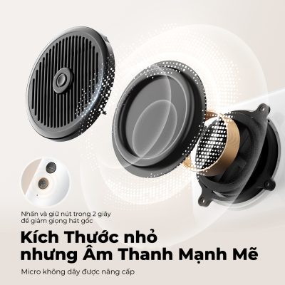 Loa Karaoke di động SoundPEATS Hi Singing, Kèm Micro không dây, Bluetooth 5.1, Pin 5H, LED đa sắc, 4 chế độ giọng hát - Loa Karaoke di động <strong>SoundPEATS Hi Singing</strong> thiết kế nhỏ gọn, màng loa 49.8x21mm, âm thanh sống động. Pin 1800mAh (loa) và 500mAh (mic), dùng 5 giờ, sạc USB-C. Kết nối Bluetooth 5.1, thẻ nhớ, AUX-IN. 4 chế độ giọng hát (Cổ điển, Hoạt hình, Vui vẻ, Quái thú), đèn LED đa sắc. Bảo hành 12 tháng, lý tưởng cho tiệc tùng, dã ngoại, hát karaoke.