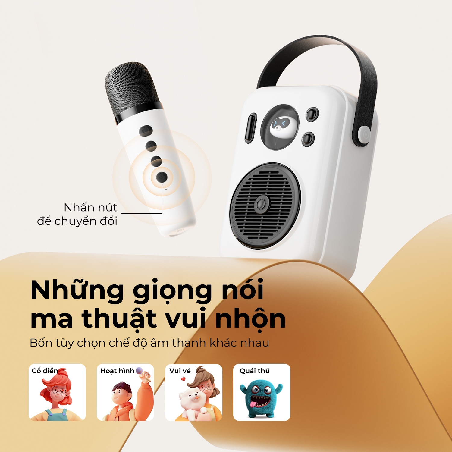 Loa Karaoke di động SoundPEATS Hi Singing, Kèm Micro không dây, Bluetooth 5.1, Pin 5H, LED đa sắc, 4 chế độ giọng hát - Loa Karaoke di động <strong>SoundPEATS Hi Singing</strong> thiết kế nhỏ gọn, màng loa 49.8x21mm, âm thanh sống động. Pin 1800mAh (loa) và 500mAh (mic), dùng 5 giờ, sạc USB-C. Kết nối Bluetooth 5.1, thẻ nhớ, AUX-IN. 4 chế độ giọng hát (Cổ điển, Hoạt hình, Vui vẻ, Quái thú), đèn LED đa sắc. Bảo hành 12 tháng, lý tưởng cho tiệc tùng, dã ngoại, hát karaoke.
