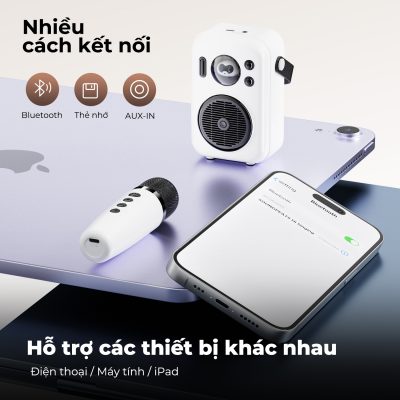 Loa Karaoke di động SoundPEATS Hi Singing, Kèm Micro không dây, Bluetooth 5.1, Pin 5H, LED đa sắc, 4 chế độ giọng hát - Loa Karaoke di động <strong>SoundPEATS Hi Singing</strong> thiết kế nhỏ gọn, màng loa 49.8x21mm, âm thanh sống động. Pin 1800mAh (loa) và 500mAh (mic), dùng 5 giờ, sạc USB-C. Kết nối Bluetooth 5.1, thẻ nhớ, AUX-IN. 4 chế độ giọng hát (Cổ điển, Hoạt hình, Vui vẻ, Quái thú), đèn LED đa sắc. Bảo hành 12 tháng, lý tưởng cho tiệc tùng, dã ngoại, hát karaoke.