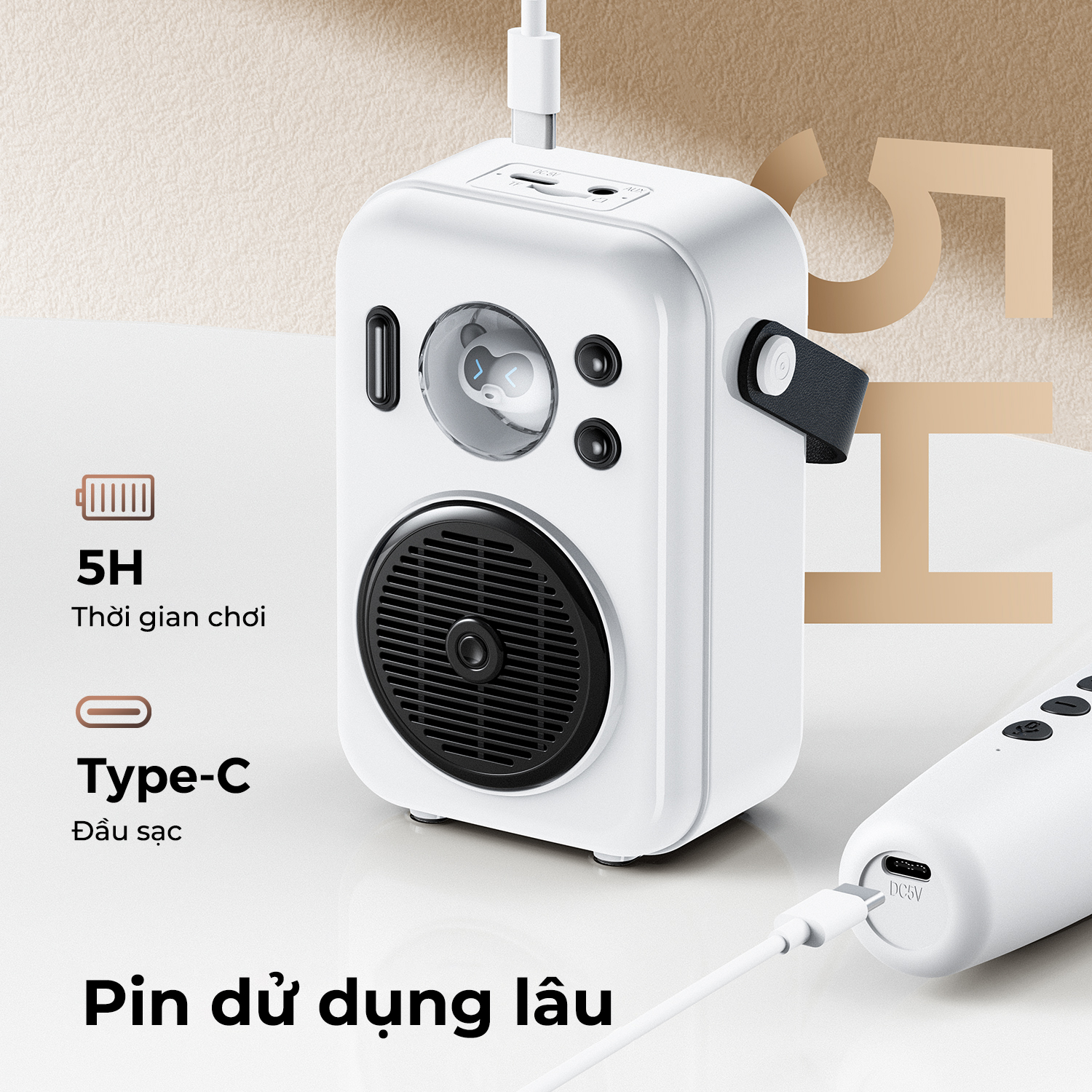 Loa Karaoke di động SoundPEATS Hi Singing, Kèm Micro không dây, Bluetooth 5.1, Pin 5H, LED đa sắc, 4 chế độ giọng hát - Loa Karaoke di động <strong>SoundPEATS Hi Singing</strong> thiết kế nhỏ gọn, màng loa 49.8x21mm, âm thanh sống động. Pin 1800mAh (loa) và 500mAh (mic), dùng 5 giờ, sạc USB-C. Kết nối Bluetooth 5.1, thẻ nhớ, AUX-IN. 4 chế độ giọng hát (Cổ điển, Hoạt hình, Vui vẻ, Quái thú), đèn LED đa sắc. Bảo hành 12 tháng, lý tưởng cho tiệc tùng, dã ngoại, hát karaoke.
