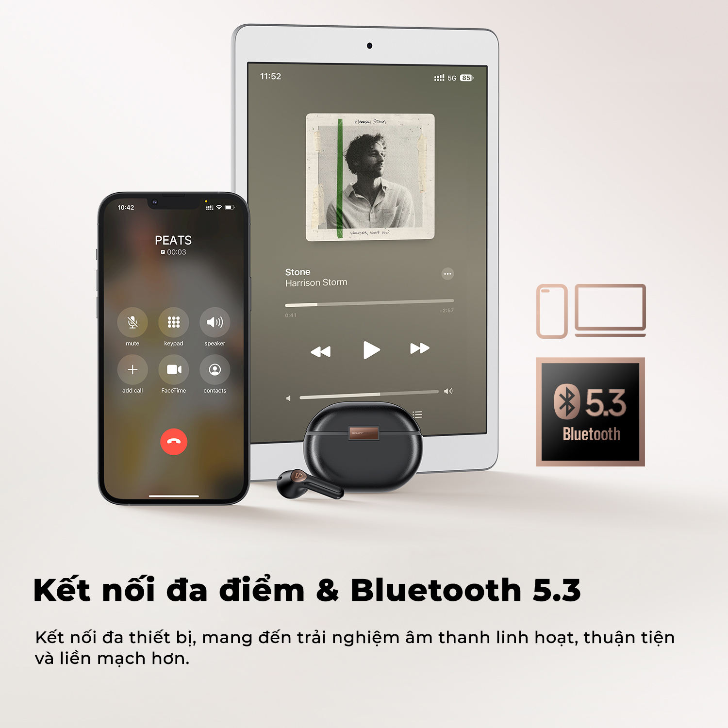 Tai nghe Bluetooth True Wireless SoundPEATS Air4 Pro, In-ear, Driver 13mm, Pin 26H, IPX4, Bluetooth 5.3, ANC, aptX Lossless - Tai nghe <strong>SoundPEATS Air4 Pro</strong> thiết kế in-ear, driver 13mm, âm thanh Hi-Res với codec aptX Lossless và Snapdragon Sound. Pin 6.5H (tai nghe), 26H (với hộp sạc), sạc USB-C. IPX4 chống nước, 6 mic ENC, Bluetooth 5.3, độ trễ 88ms (Game Mode). Công nghệ chống ồn chủ động Hybrid ANC (-45dB). App PeatsAudio tùy chỉnh EQ. Bảo hành 12 tháng, lý tưởng nghe nhạc, chơi game, đàm thoại.