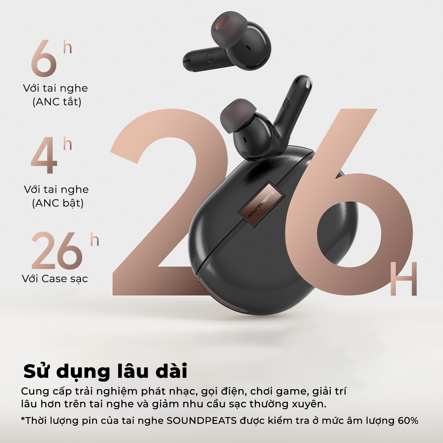 Tai nghe Bluetooth True Wireless SoundPEATS Air4 Pro, In-ear, Driver 13mm, Pin 26H, IPX4, Bluetooth 5.3, ANC, aptX Lossless - Tai nghe <strong>SoundPEATS Air4 Pro</strong> thiết kế in-ear, driver 13mm, âm thanh Hi-Res với codec aptX Lossless và Snapdragon Sound. Pin 6.5H (tai nghe), 26H (với hộp sạc), sạc USB-C. IPX4 chống nước, 6 mic ENC, Bluetooth 5.3, độ trễ 88ms (Game Mode). Công nghệ chống ồn chủ động Hybrid ANC (-45dB). App PeatsAudio tùy chỉnh EQ. Bảo hành 12 tháng, lý tưởng nghe nhạc, chơi game, đàm thoại.