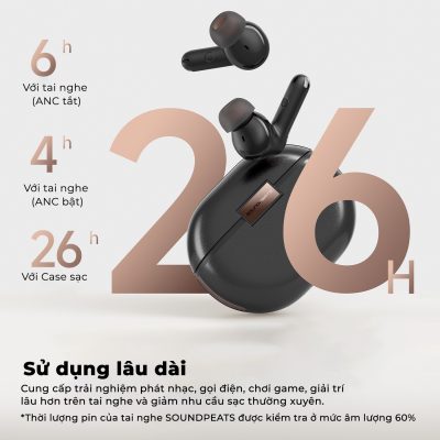 Tai nghe Bluetooth True Wireless SoundPEATS Air4 Pro, In-ear, Driver 13mm, Pin 26H, IPX4, Bluetooth 5.3, ANC, aptX Lossless - Tai nghe <strong>SoundPEATS Air4 Pro</strong> thiết kế in-ear, driver 13mm, âm thanh Hi-Res với codec aptX Lossless và Snapdragon Sound. Pin 6.5H (tai nghe), 26H (với hộp sạc), sạc USB-C. IPX4 chống nước, 6 mic ENC, Bluetooth 5.3, độ trễ 88ms (Game Mode). Công nghệ chống ồn chủ động Hybrid ANC (-45dB). App PeatsAudio tùy chỉnh EQ. Bảo hành 12 tháng, lý tưởng nghe nhạc, chơi game, đàm thoại.