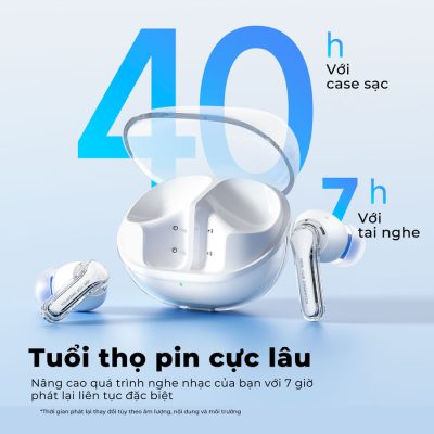 Tai nghe Bluetooth True Wireless SoundPEATS Clear, In-ear, Driver 12mm, Pin 40H, IPX4, Bluetooth 5.3, ENC, Game Mode - Tai nghe <strong>SoundPEATS Clear</strong> phiên bản trong suốt, thiết kế in-ear, driver 12mm, âm thanh sống động, codec AAC/SBC. Pin 7H (tai nghe), 40H (với hộp sạc), sạc USB-C. IPX4 chống nước, 2 mic ENC, Bluetooth 5.3, độ trễ 90ms (Game Mode). App PeatsAudio tùy chỉnh EQ. Bảo hành 12 tháng, lý tưởng nghe nhạc, chơi game, đàm thoại.