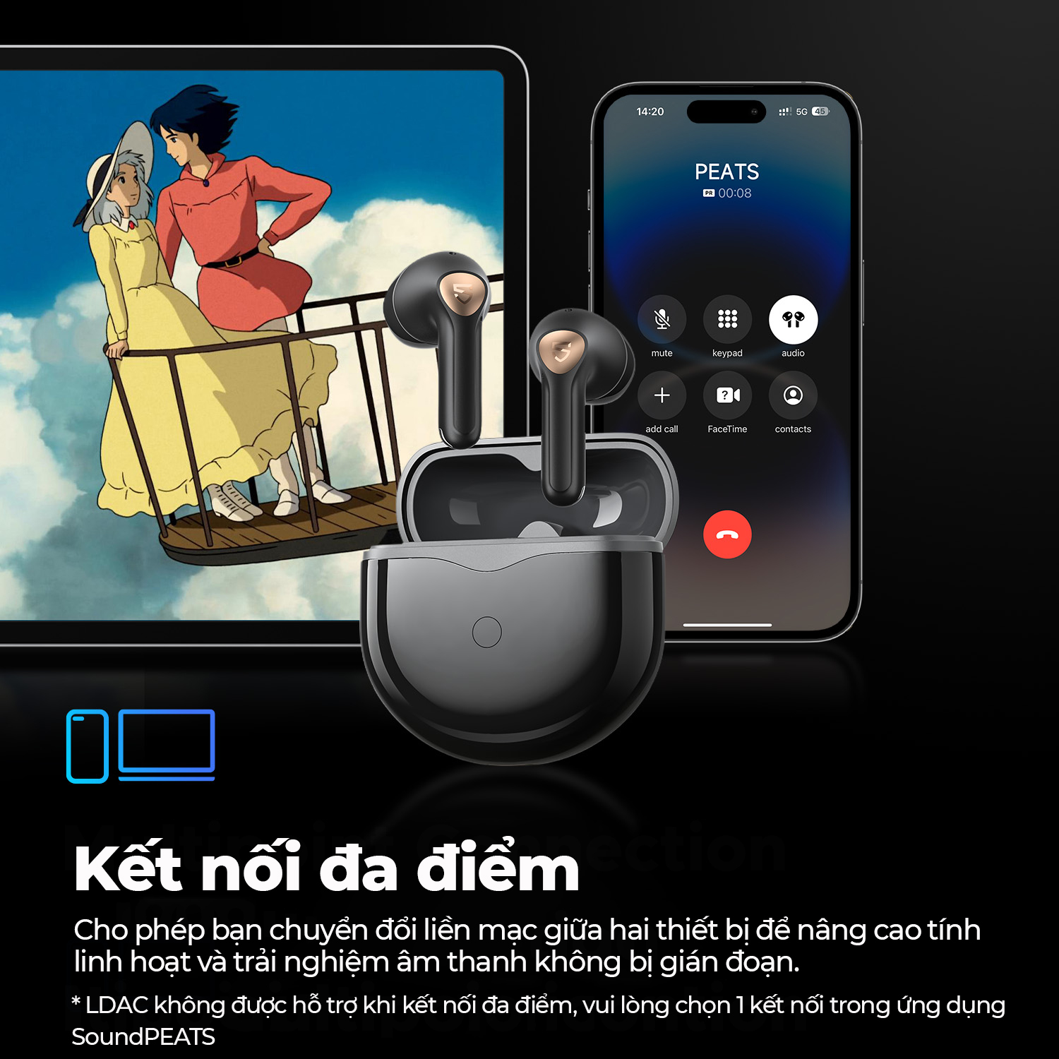 Tai nghe Bluetooth SoundPEATS Air4 Lite, Semi-in-ear, Driver 13mm, Pin 30H, IPX4, Bluetooth 5.3, LDAC, 6 Mic ENC - Tai nghe <strong>SoundPEATS Air4 Lite</strong> với công nghệ <strong>SoundPEATS Air4 Lite,</strong> thiết kế semi-in-ear, driver 13mm, âm thanh Hi-Res qua codec LDAC. Pin 7H (tai nghe), 30H (với hộp sạc), sạc USB-C. IPX4 chống nước, 6 mic ENC, Bluetooth 5.3, độ trễ 80ms (Game Mode). App PeatsAudio tùy chỉnh EQ. Bảo hành 12 tháng, lý tưởng nghe nhạc, chơi game.
