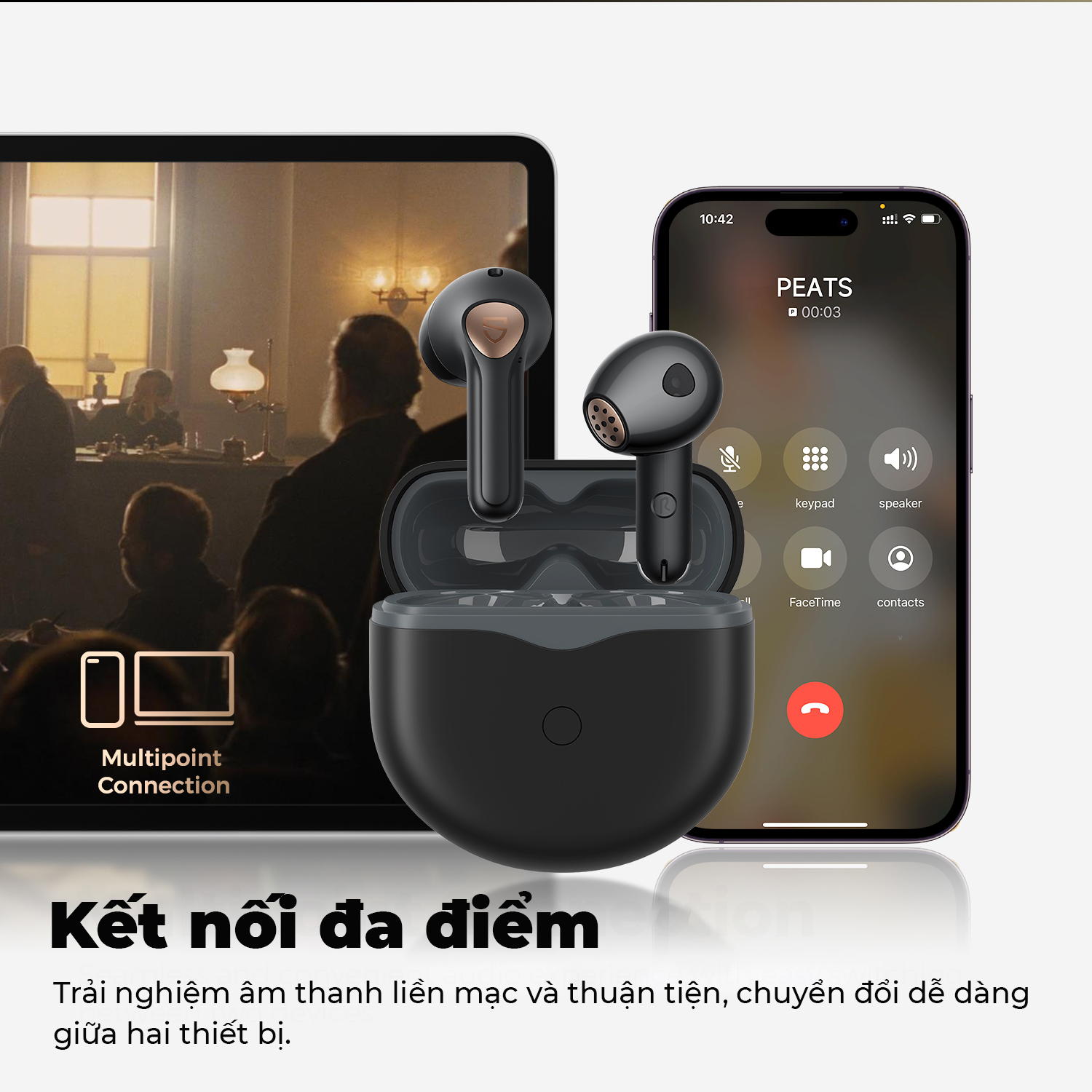 Tai nghe Bluetooth SoundPEATS Air4, Semi-in-ear, Driver 13mm, Pin 26H, IPX4, Bluetooth 5.3, ANC, aptX Lossless - Tai nghe<strong> SoundPEATS Air4</strong> với công nghệ <strong>SoundPEATS Air4</strong>, thiết kế semi-in-ear, driver 13mm, âm thanh chất lượng CD qua codec aptX Lossless. Pin 6.5H (tai nghe), 26H (với hộp sạc), sạc USB-C. IPX4 chống nước, 6 mic ENC, Bluetooth 5.3, độ trễ 88ms (Game Mode). App PeatsAudio tùy chỉnh EQ. Bảo hành 12 tháng, lý tưởng nghe nhạc, chơi game.