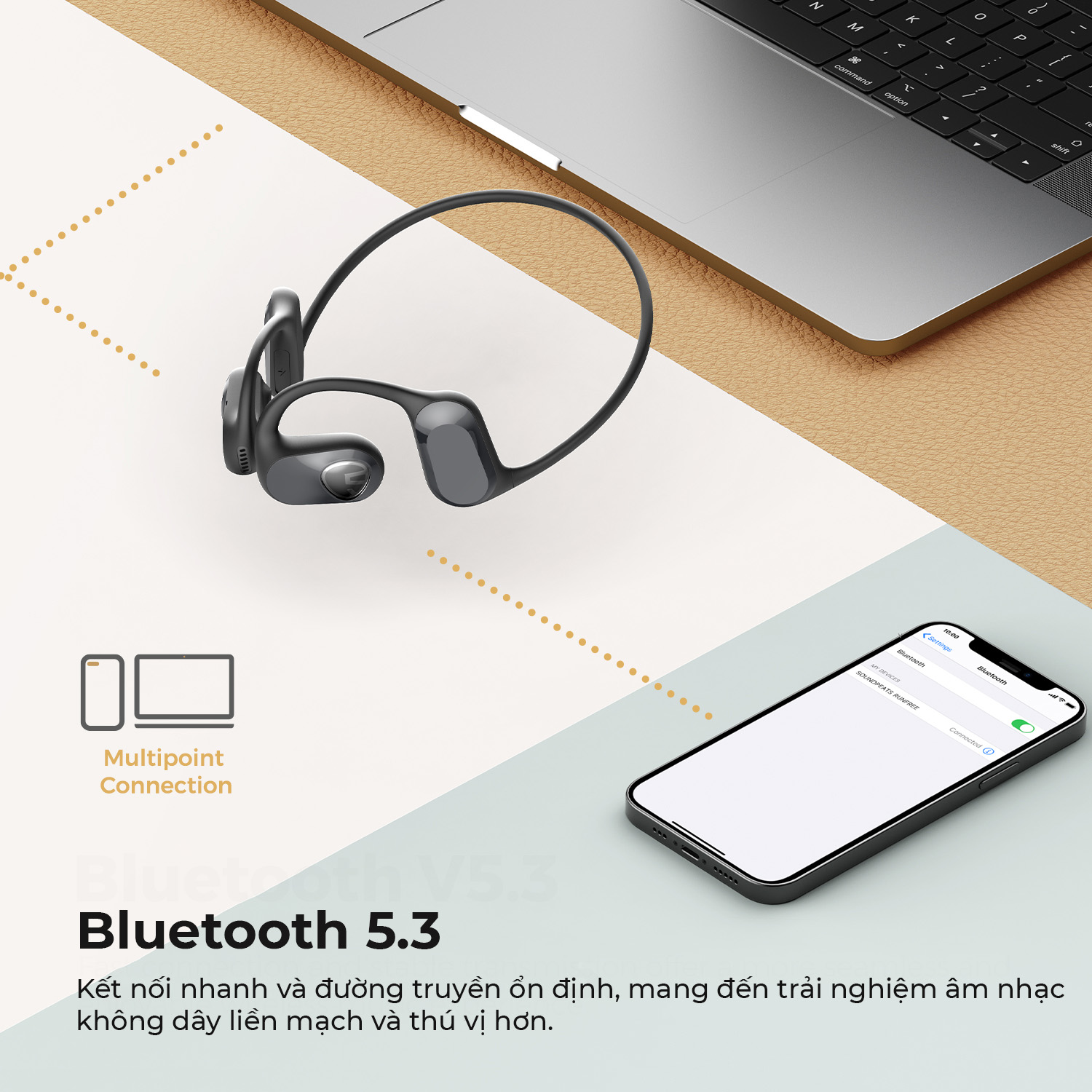 Tai nghe Bluetooth thể thao SoundPEATS RunFree, Open-Ear, Driver 16.2mm, Pin 14H, IPX7, Bluetooth 5.3, ENC - Tai nghe <strong>SoundPEATS RunFree</strong> với công nghệ RunFree, thiết kế Open-Ear, driver 16.2mm, âm thanh sống động. Pin 14H, sạc USB-C, Bluetooth 5.3, độ trễ thấp. IPX7 chống nước, 4 mic ENC, trọng lượng 31g. Hỗ trợ app PeatsAudio tùy chỉnh EQ. Bảo hành 12 tháng, lý tưởng cho chạy bộ, tập gym, nghe nhạc.