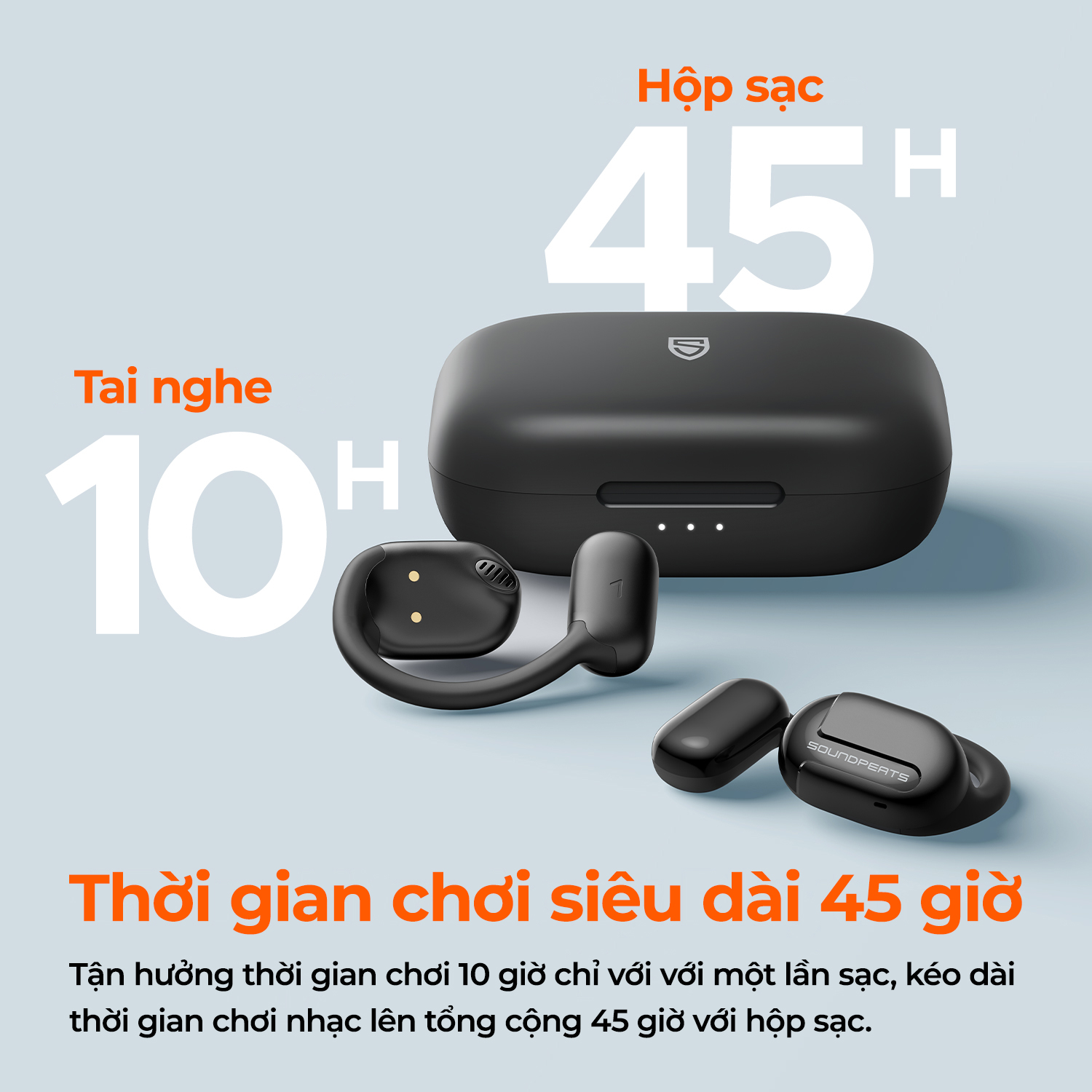 Tai nghe Bluetooth thể thao SoundPEATS GoFree, Open-Ear, Driver 16.2mm, Pin 45H, IPX4, Bluetooth 5.3, ENC - Tai nghe<strong> SoundPEATS GoFree</strong> với công nghệ <strong>SoundPEATS GoFree</strong>, thiết kế Open-Ear, driver 16.2mm, âm thanh sống động. Pin 10H (tai nghe), 45H (với hộp sạc), sạc USB-C. IPX4 chống nước, 4 mic ENC, Bluetooth 5.3, độ trễ 60ms (Game Mode). App PeatsAudio tùy chỉnh EQ. Bảo hành 12 tháng, lý tưởng cho chạy bộ, tập gym.