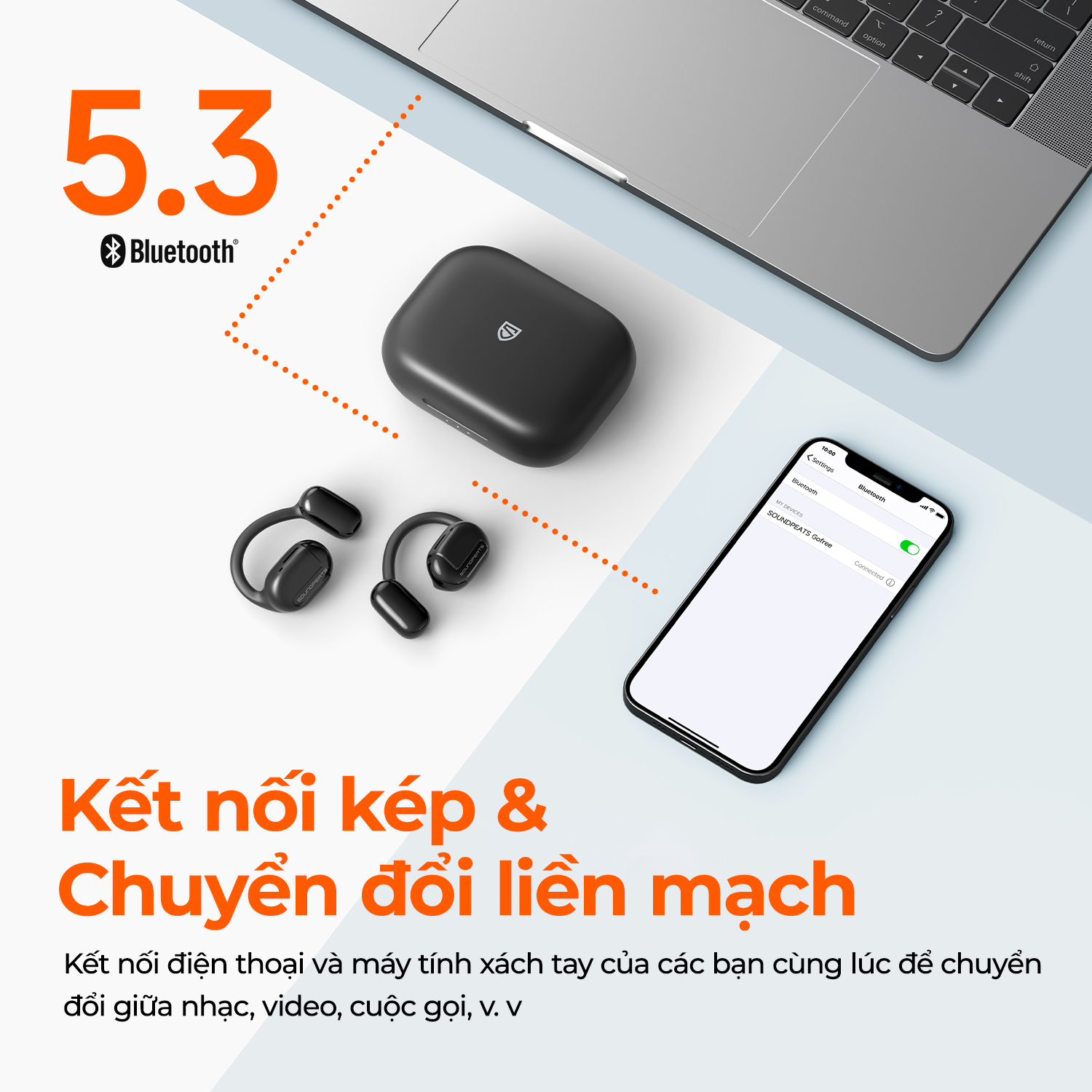 Tai nghe Bluetooth thể thao SoundPEATS GoFree, Open-Ear, Driver 16.2mm, Pin 45H, IPX4, Bluetooth 5.3, ENC - Tai nghe<strong> SoundPEATS GoFree</strong> với công nghệ <strong>SoundPEATS GoFree</strong>, thiết kế Open-Ear, driver 16.2mm, âm thanh sống động. Pin 10H (tai nghe), 45H (với hộp sạc), sạc USB-C. IPX4 chống nước, 4 mic ENC, Bluetooth 5.3, độ trễ 60ms (Game Mode). App PeatsAudio tùy chỉnh EQ. Bảo hành 12 tháng, lý tưởng cho chạy bộ, tập gym.