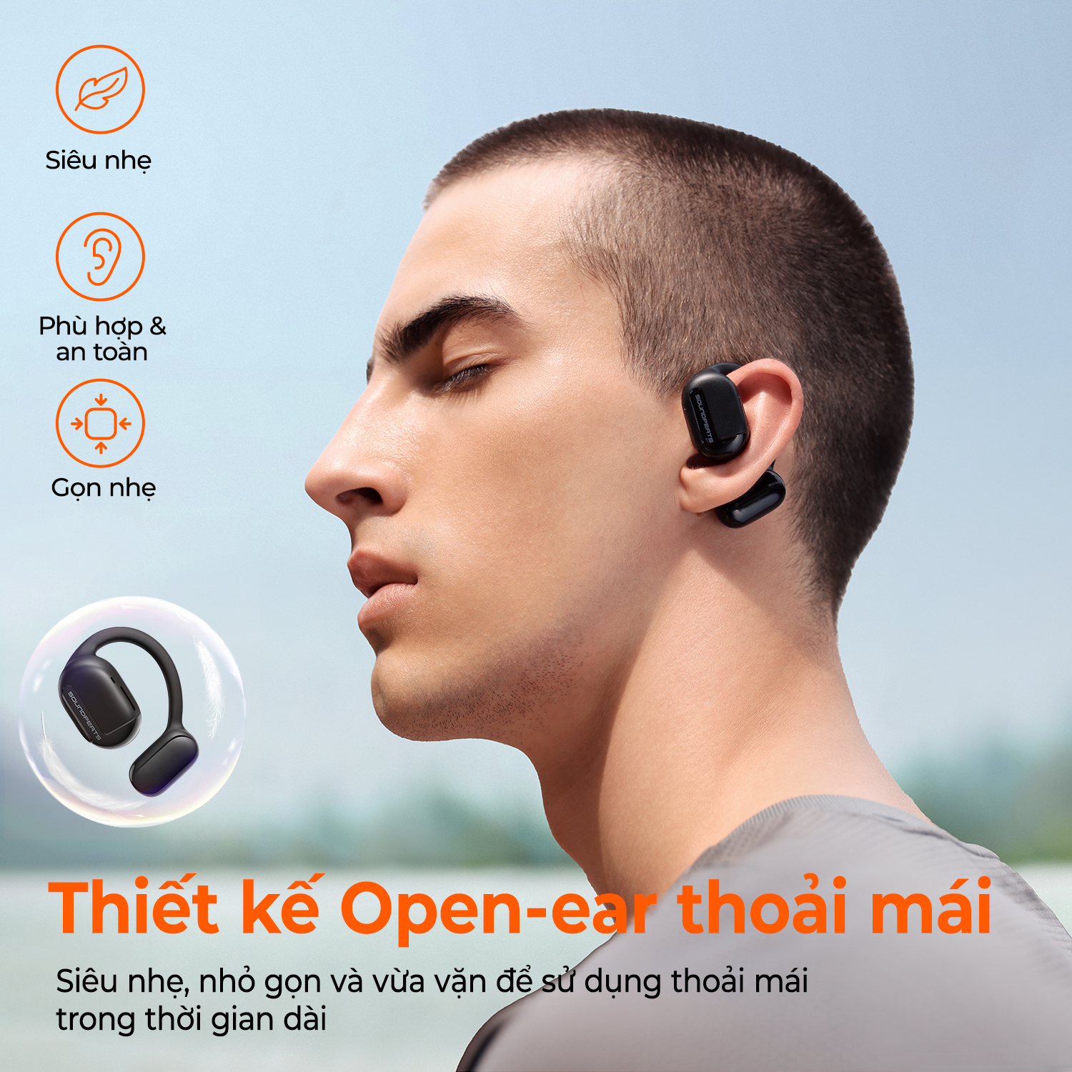 Tai nghe Bluetooth thể thao SoundPEATS GoFree, Open-Ear, Driver 16.2mm, Pin 45H, IPX4, Bluetooth 5.3, ENC - Tai nghe<strong> SoundPEATS GoFree</strong> với công nghệ <strong>SoundPEATS GoFree</strong>, thiết kế Open-Ear, driver 16.2mm, âm thanh sống động. Pin 10H (tai nghe), 45H (với hộp sạc), sạc USB-C. IPX4 chống nước, 4 mic ENC, Bluetooth 5.3, độ trễ 60ms (Game Mode). App PeatsAudio tùy chỉnh EQ. Bảo hành 12 tháng, lý tưởng cho chạy bộ, tập gym.