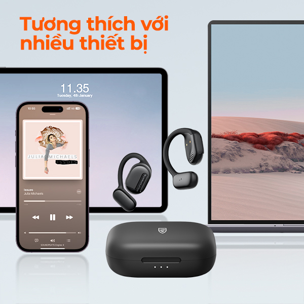 Tai nghe Bluetooth thể thao SoundPEATS GoFree, Open-Ear, Driver 16.2mm, Pin 45H, IPX4, Bluetooth 5.3, ENC - Tai nghe<strong> SoundPEATS GoFree</strong> với công nghệ <strong>SoundPEATS GoFree</strong>, thiết kế Open-Ear, driver 16.2mm, âm thanh sống động. Pin 10H (tai nghe), 45H (với hộp sạc), sạc USB-C. IPX4 chống nước, 4 mic ENC, Bluetooth 5.3, độ trễ 60ms (Game Mode). App PeatsAudio tùy chỉnh EQ. Bảo hành 12 tháng, lý tưởng cho chạy bộ, tập gym.