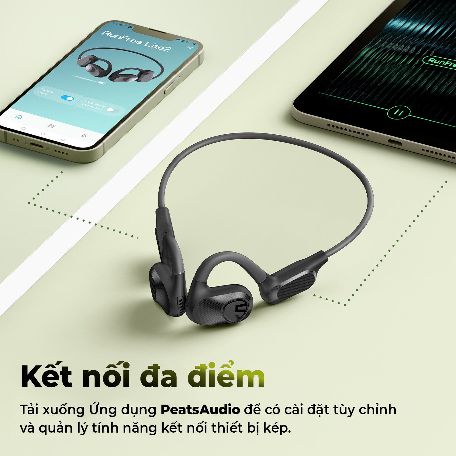 Tai nghe Bluetooth thể thao SoundPEATS RunFree Lite 2, Open-Ear, Driver 16.2mm, Pin 15H, IPX4, Bluetooth 5.3, ENC - Tai nghe <strong>SoundPEATS RunFree Lite 2</strong> với công nghệ<strong> SoundPEATS RunFree Lite 2</strong>, thiết kế Open-Ear, driver 16.2mm, âm thanh sống động. Pin 15H, sạc USB-C, Bluetooth 5.3, độ trễ thấp. IPX4 chống nước, 2 mic ENC, hỗ trợ kết nối kép. Trọng lượng 27g, app PeatsAudio tùy chỉnh EQ. Bảo hành 12 tháng, lý tưởng cho chạy bộ, tập gym.