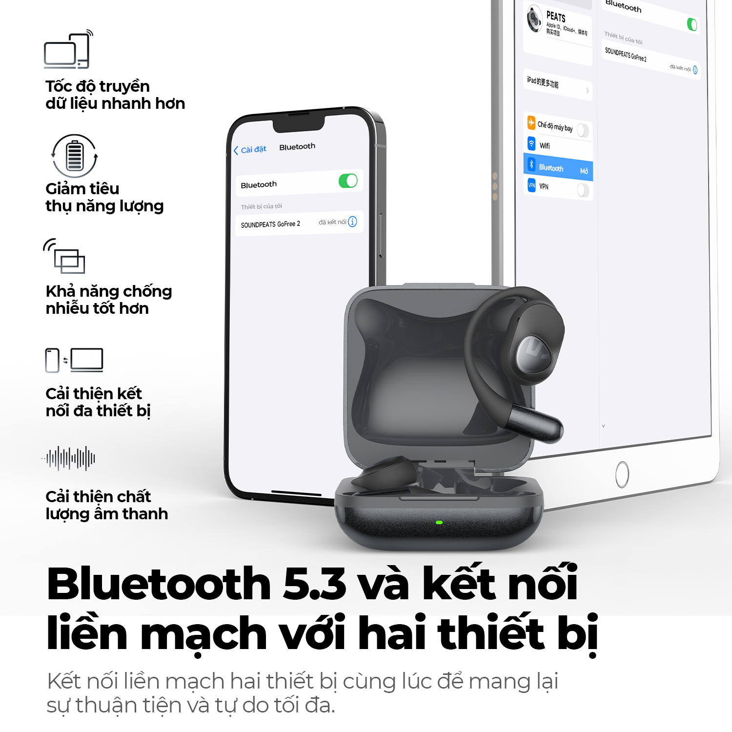 Tai nghe Bluetooth thể thao SoundPEATS Gofree 2+ (Plus), Open-Ear, Driver 16.2mm, LDAC, Pin 39H, IPX5, Bluetooth 5.3, ENC - Tai nghe <strong>SoundPEATS Gofree 2+ (Plus)</strong> với công nghệ <strong>SoundPEATS Gofree 2+</strong>, thiết kế Open-Ear, driver 16.2mm, âm thanh Hi-Res (LDAC). Pin 11.5H (tai nghe), 39H (với hộp sạc), sạc không dây. IPX5 chống nước, 4 mic ENC, Bluetooth 5.3, độ trễ 60ms (Game Mode). App PeatsAudio tùy chỉnh EQ. Bảo hành 12 tháng, lý tưởng cho thể thao, nghe nhạc.