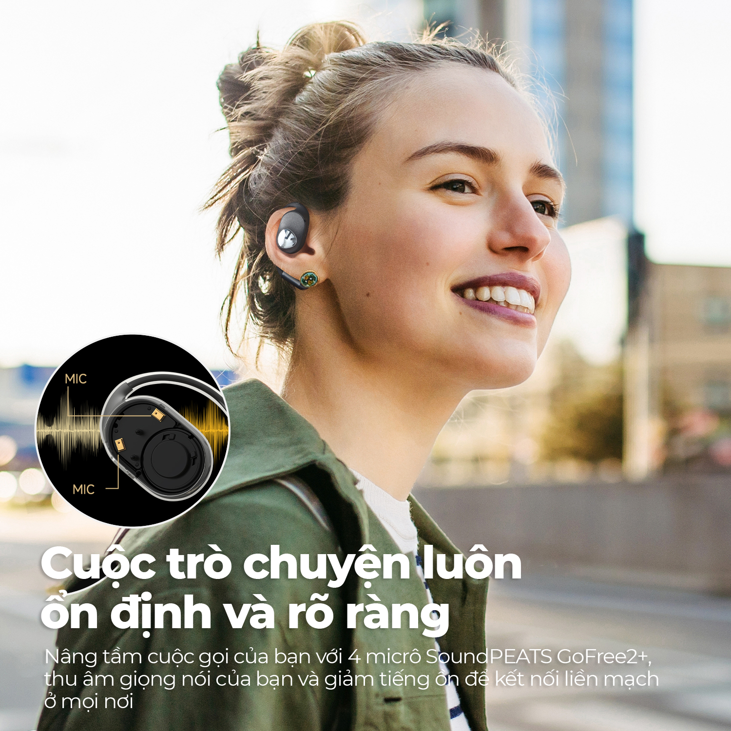 Tai nghe Bluetooth thể thao SoundPEATS Gofree 2+ (Plus), Open-Ear, Driver 16.2mm, LDAC, Pin 39H, IPX5, Bluetooth 5.3, ENC - Tai nghe <strong>SoundPEATS Gofree 2+ (Plus)</strong> với công nghệ <strong>SoundPEATS Gofree 2+</strong>, thiết kế Open-Ear, driver 16.2mm, âm thanh Hi-Res (LDAC). Pin 11.5H (tai nghe), 39H (với hộp sạc), sạc không dây. IPX5 chống nước, 4 mic ENC, Bluetooth 5.3, độ trễ 60ms (Game Mode). App PeatsAudio tùy chỉnh EQ. Bảo hành 12 tháng, lý tưởng cho thể thao, nghe nhạc.