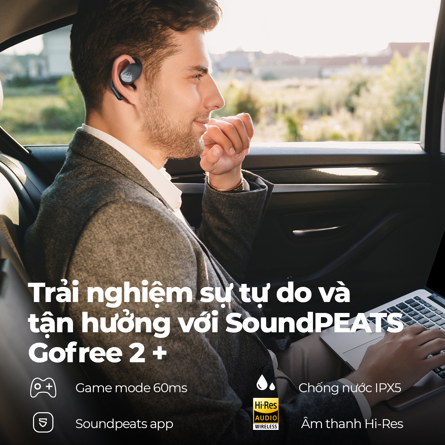 Tai nghe Bluetooth thể thao SoundPEATS Gofree 2+ (Plus), Open-Ear, Driver 16.2mm, LDAC, Pin 39H, IPX5, Bluetooth 5.3, ENC - Tai nghe <strong>SoundPEATS Gofree 2+ (Plus)</strong> với công nghệ <strong>SoundPEATS Gofree 2+</strong>, thiết kế Open-Ear, driver 16.2mm, âm thanh Hi-Res (LDAC). Pin 11.5H (tai nghe), 39H (với hộp sạc), sạc không dây. IPX5 chống nước, 4 mic ENC, Bluetooth 5.3, độ trễ 60ms (Game Mode). App PeatsAudio tùy chỉnh EQ. Bảo hành 12 tháng, lý tưởng cho thể thao, nghe nhạc.