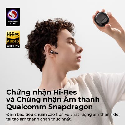 Tai nghe Bluetooth True Wireless SoundPEATS Air 5, Driver 13mm, Hi-Res Audio, Bluetooth 5.4, Pin 30H, IPX5, 6 Mic - Tai nghe <strong>SoundPEATS Air 5</strong> với công nghệ<strong> SoundPEATS Air 5</strong>, driver 13mm, âm thanh Hi-Res (Qualcomm Snapdragon Sound), Bluetooth 5.4, kết nối đa điểm. Pin 6.5H (tai nghe), 30H (với hộp sạc), sạc nhanh USB-C. 6 mic với cVc 8.0 giảm ồn, IPX5 chống nước. Tùy chỉnh qua app PeatsAudio, lý tưởng nghe nhạc, chơi game. Bảo hành 12 tháng.