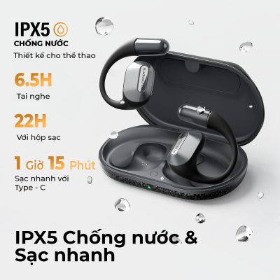 Tai nghe Bluetooth thể thao SoundPEATS HearFit, Open-Ear, Driver 15mm, Bluetooth 5.3, Pin 22H, IPX5, ENC - Tai nghe <strong>SoundPEATS HearFit</strong> với công nghệ <strong>SoundPEATS HearFit,</strong> thiết kế Open-Ear, driver 15mm, âm thanh định hướng, Bluetooth 5.3, độ trễ 70ms. Pin 6.5H (tai nghe), 22H (với hộp sạc), sạc nhanh USB-C. IPX5 chống nước, 4 mic ENC, hỗ trợ app PeatsAudio với 9 EQ. Trọng lượng 9.4g mỗi tai, lý tưởng cho thể thao, du lịch. Bảo hành 12 tháng.